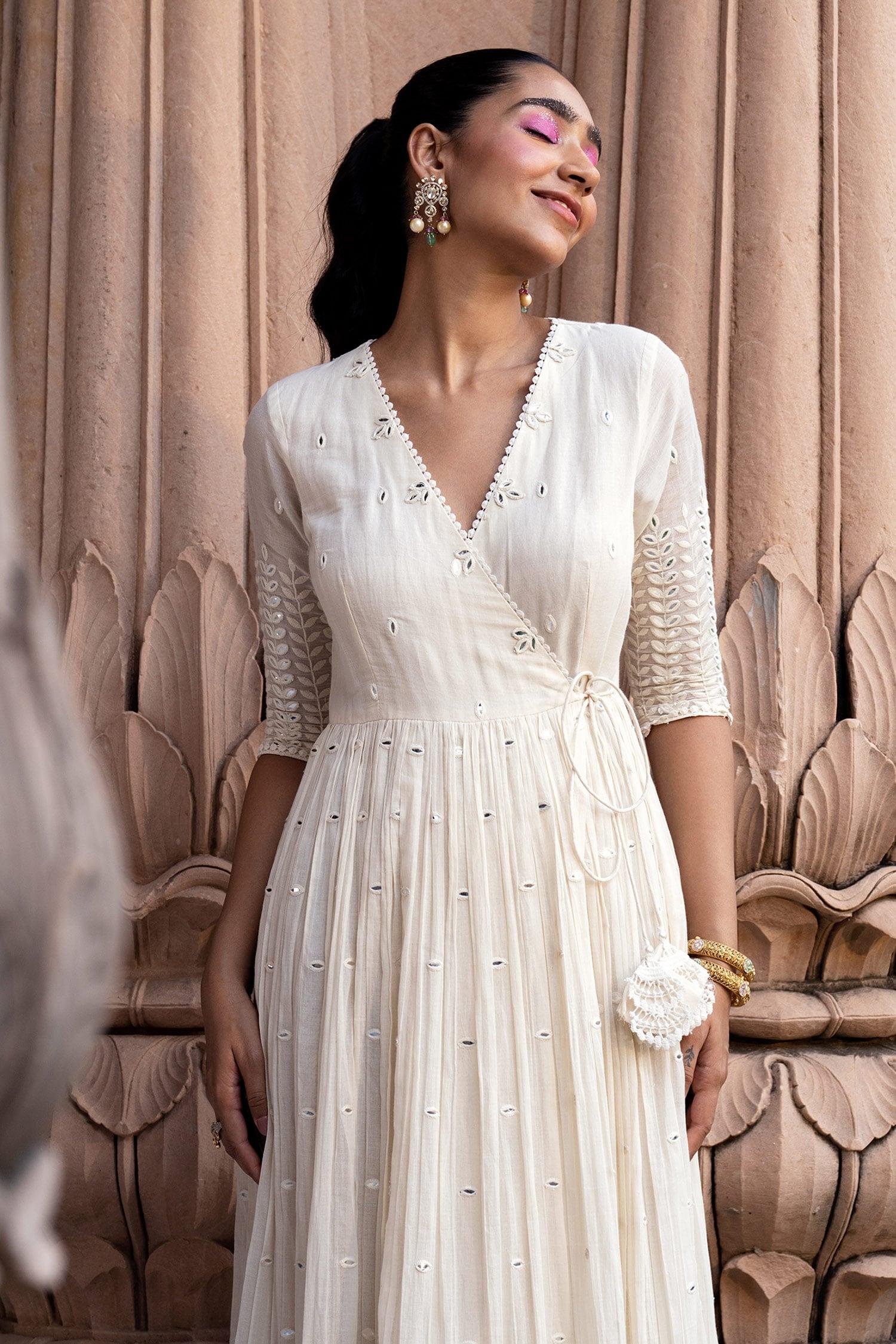 Off White Cotton, Tulle, Net Embroidery, Lace Angrakha Anarkali With Dupatta - Designer Kurta Set