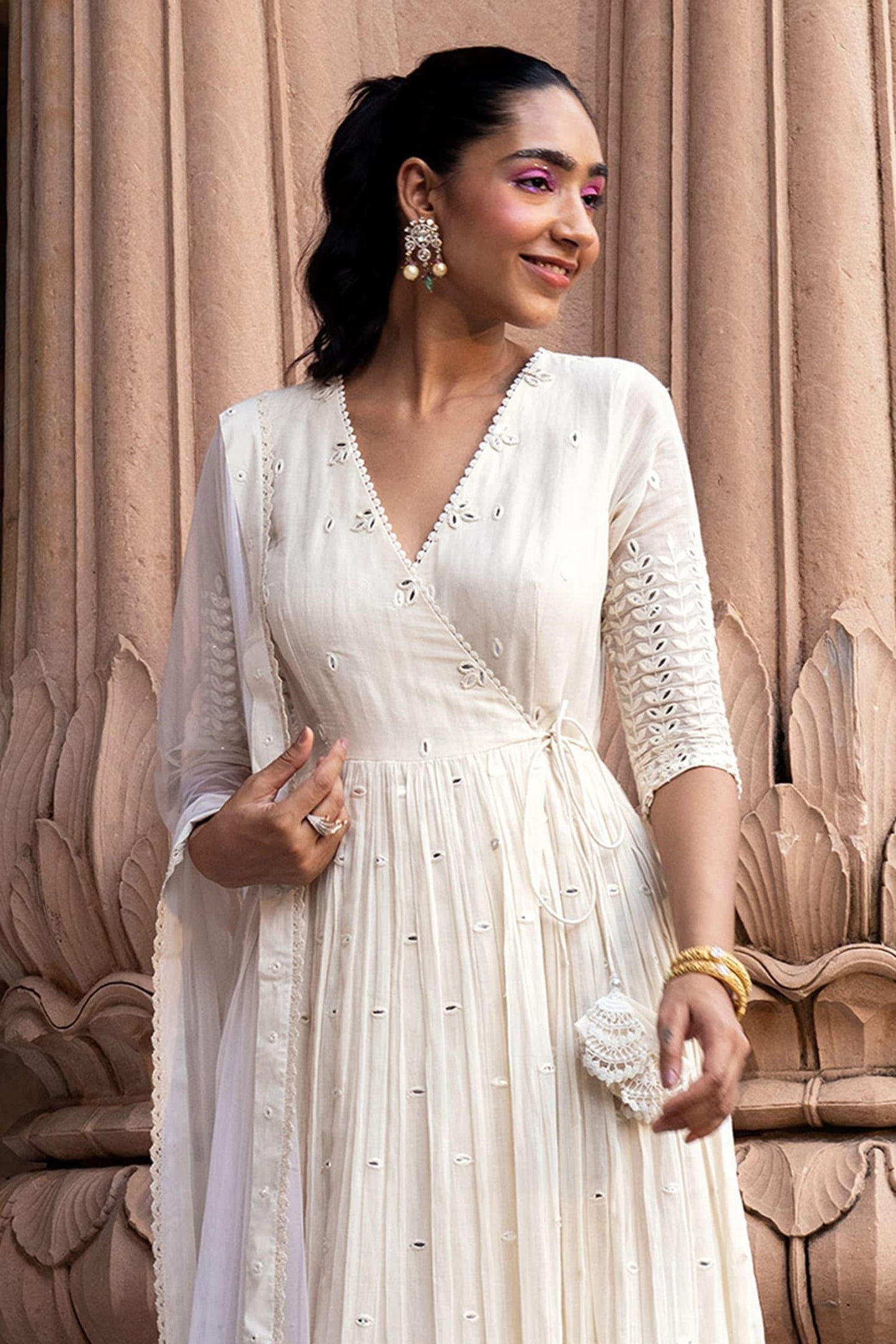 Off White Cotton, Tulle, Net Embroidery, Lace Angrakha Anarkali With Dupatta - Designer Kurta Set
