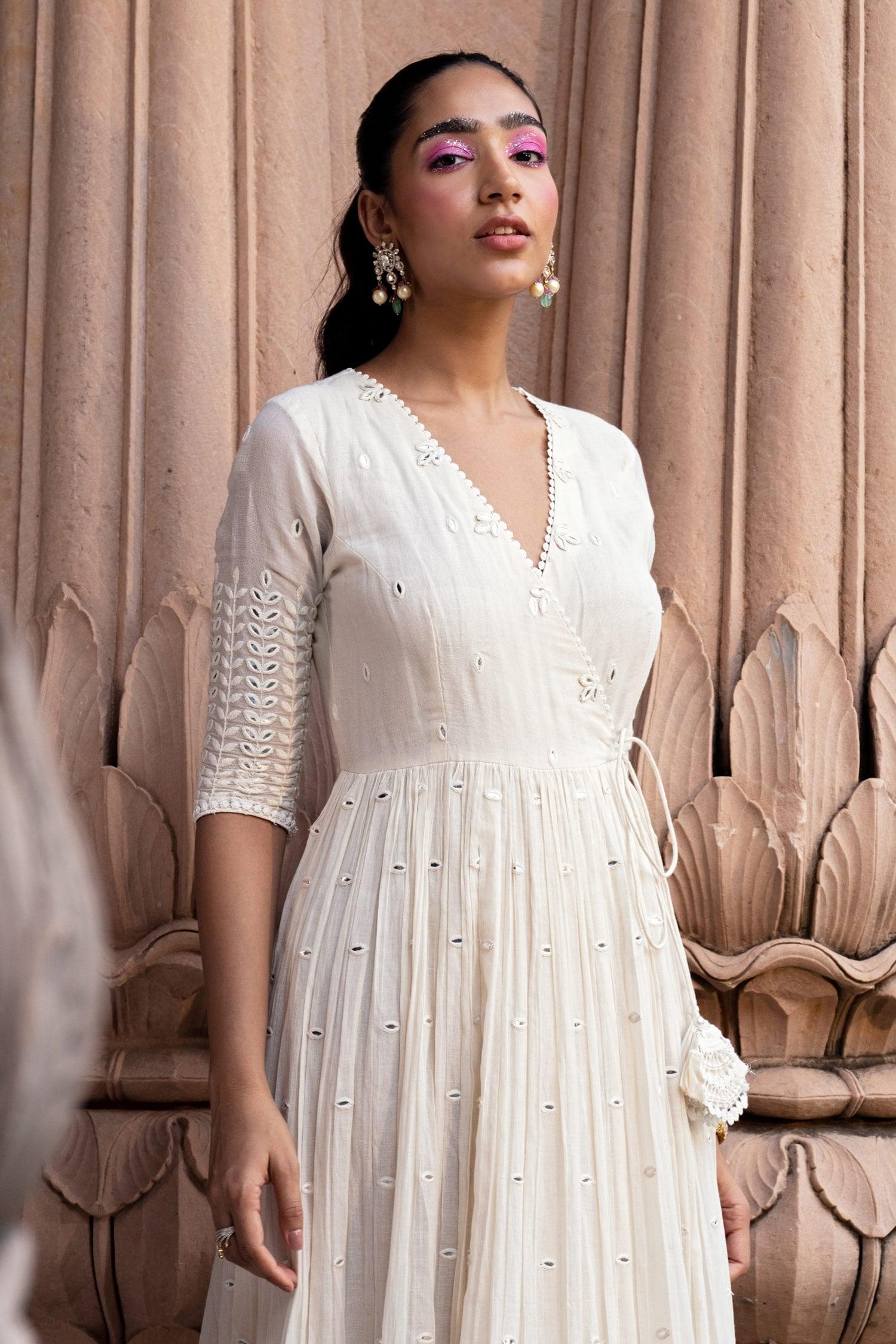 Off White Cotton, Tulle, Net Embroidery, Lace Angrakha Anarkali With Dupatta - Designer Kurta Set