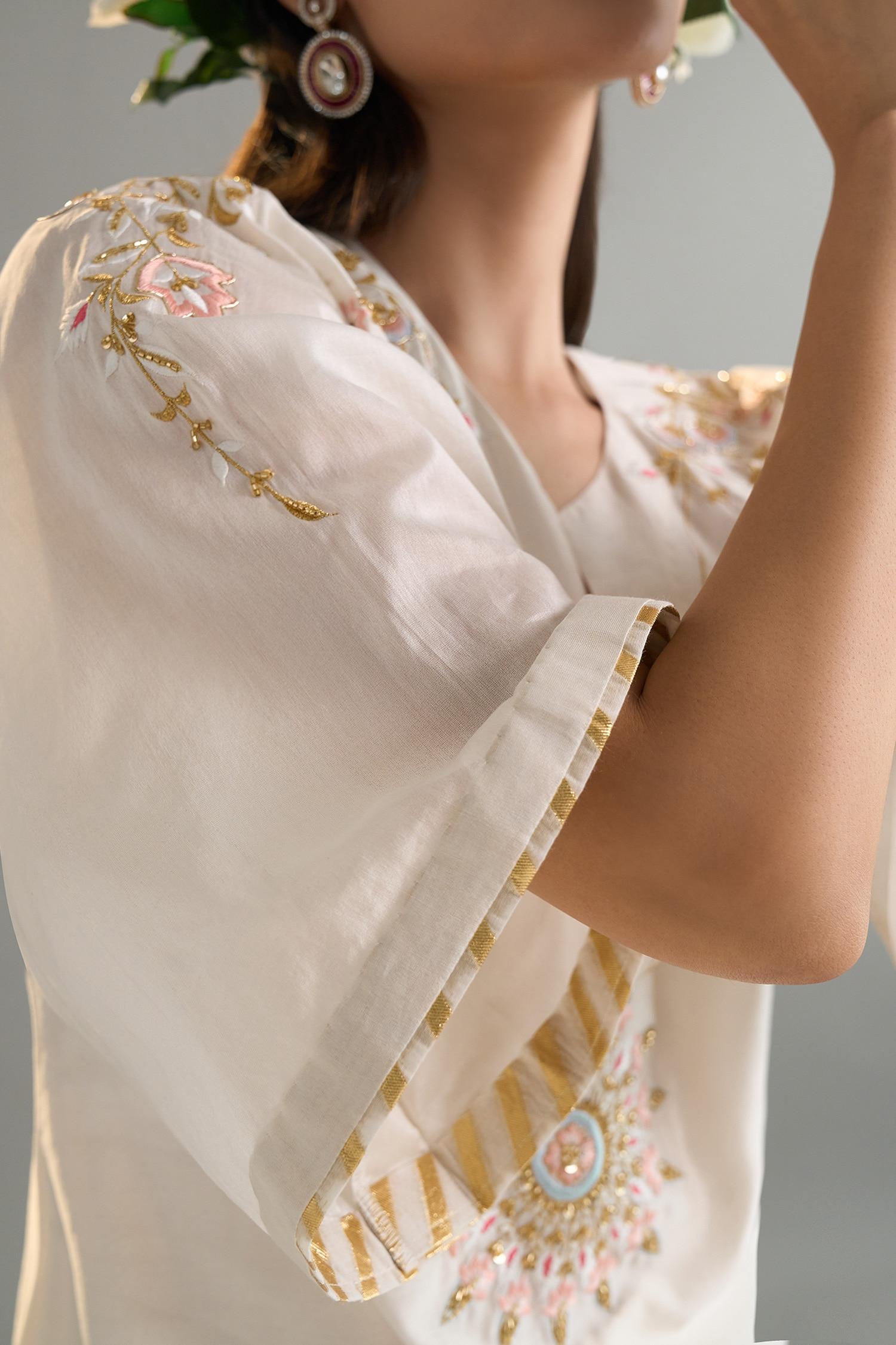 Off White Silk, Silk, Sequins, Embroidery Kaftan And Pant Set - Designer Kurta Set