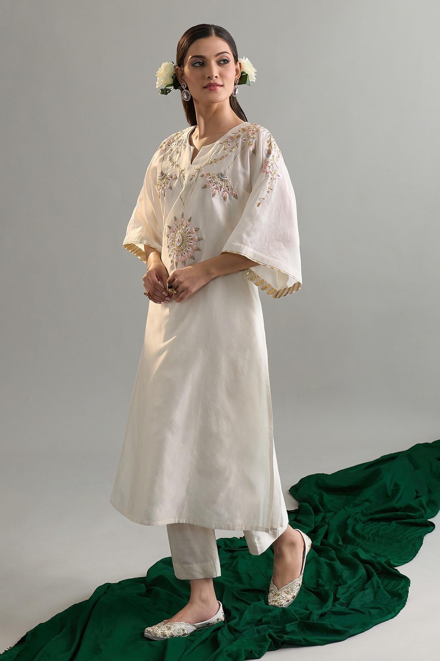 Off White Silk, Silk, Sequins, Embroidery Kaftan And Pant Set - Designer Kurta Set