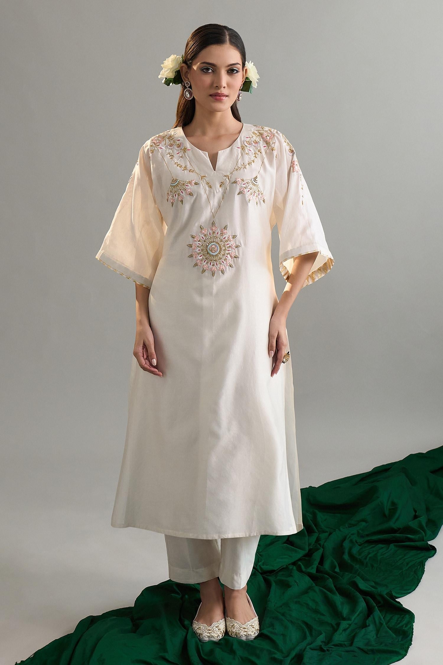 Off White Silk, Silk, Sequins, Embroidery Kaftan And Pant Set - Designer Kurta Set