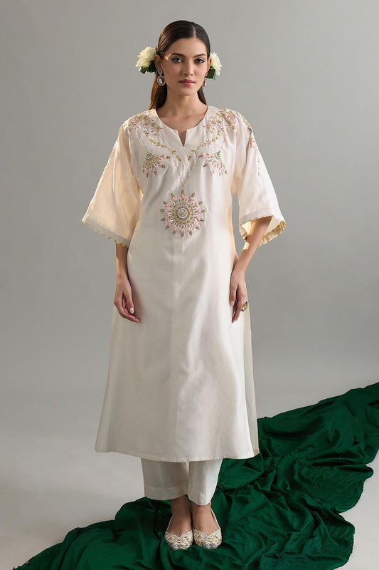 Off White Silk, Silk, Sequins, Embroidery Kaftan And Pant Set - Designer Kurta Set