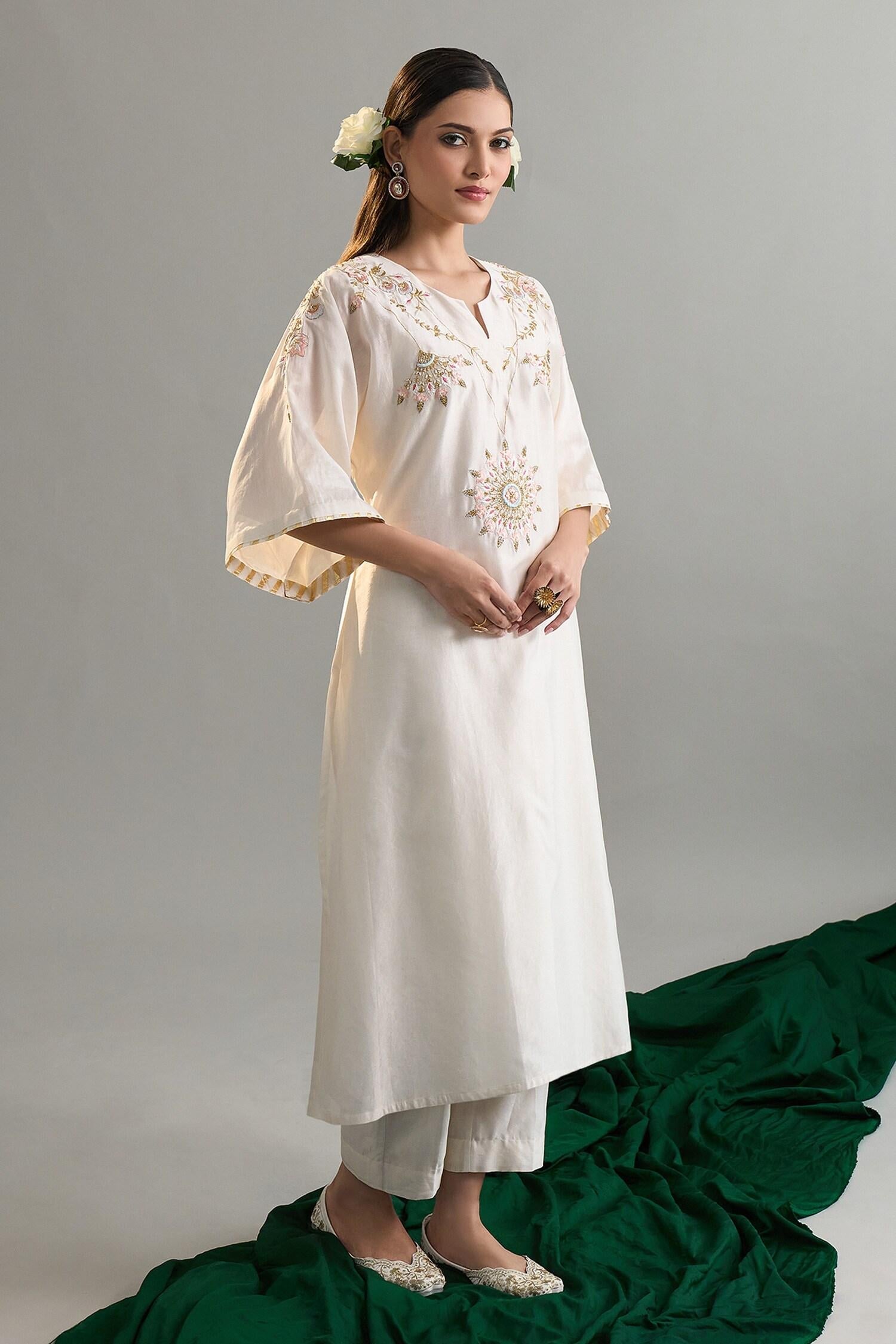 Off White Silk, Silk, Sequins, Embroidery Kaftan And Pant Set - Designer Kurta Set