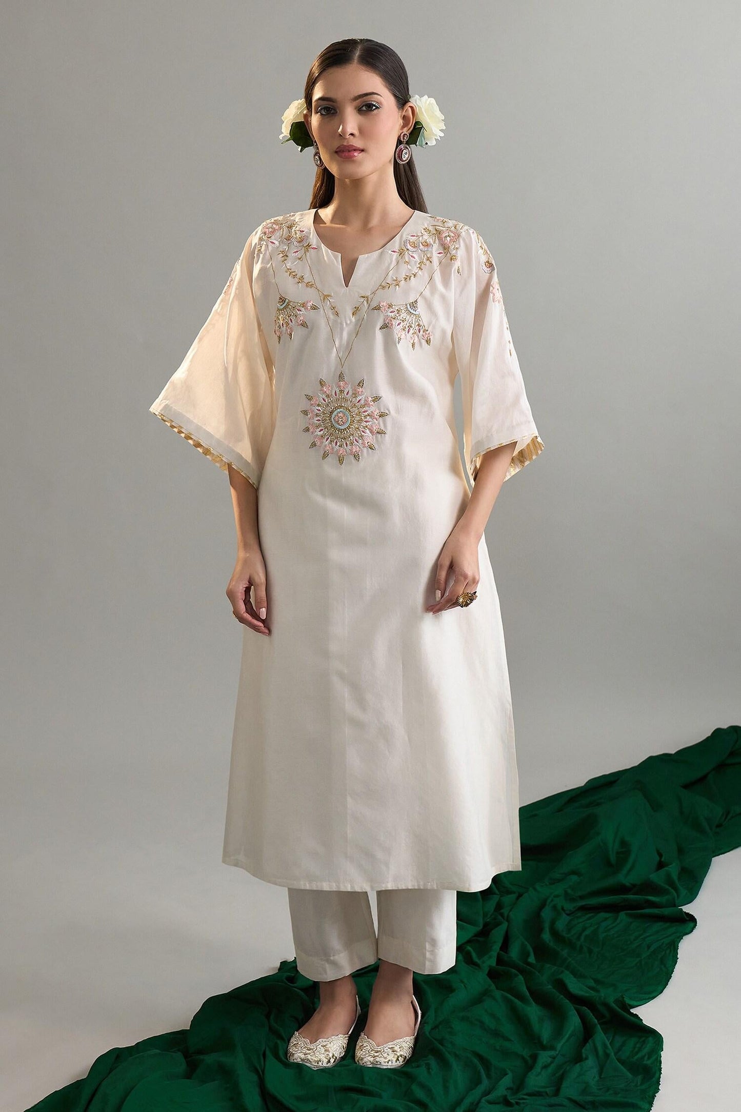 Off White Silk, Silk, Sequins, Embroidery Kaftan And Pant Set - Designer Kurta Set
