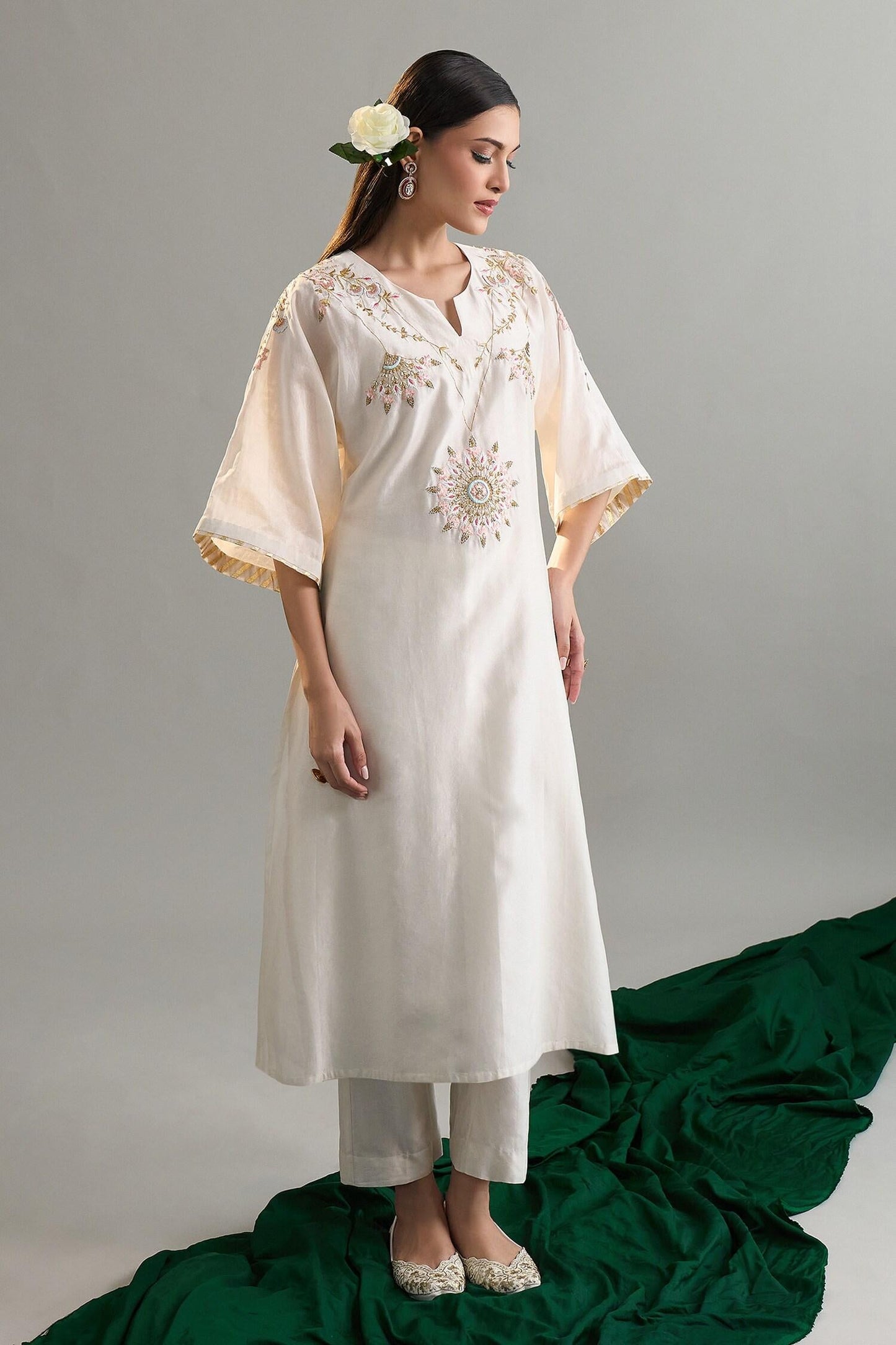 Off White Silk, Silk, Sequins, Embroidery Kaftan And Pant Set - Designer Kurta Set