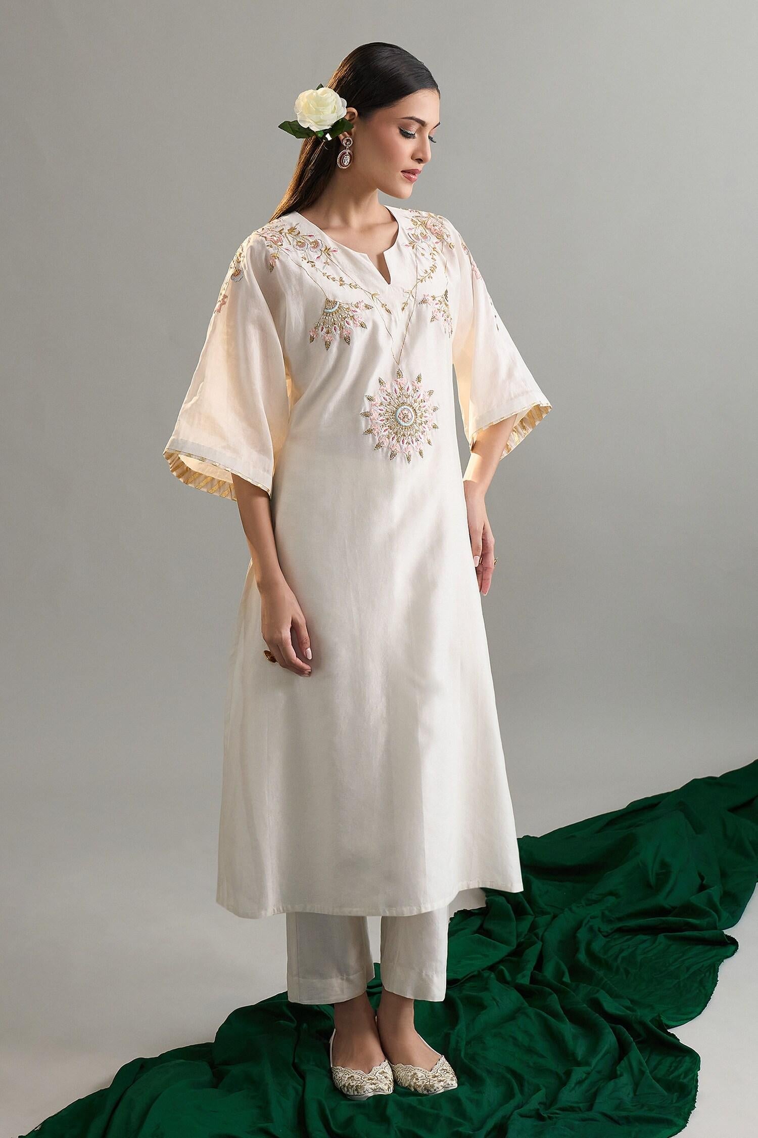 Off White Silk, Silk, Sequins, Embroidery Kaftan And Pant Set - Designer Kurta Set