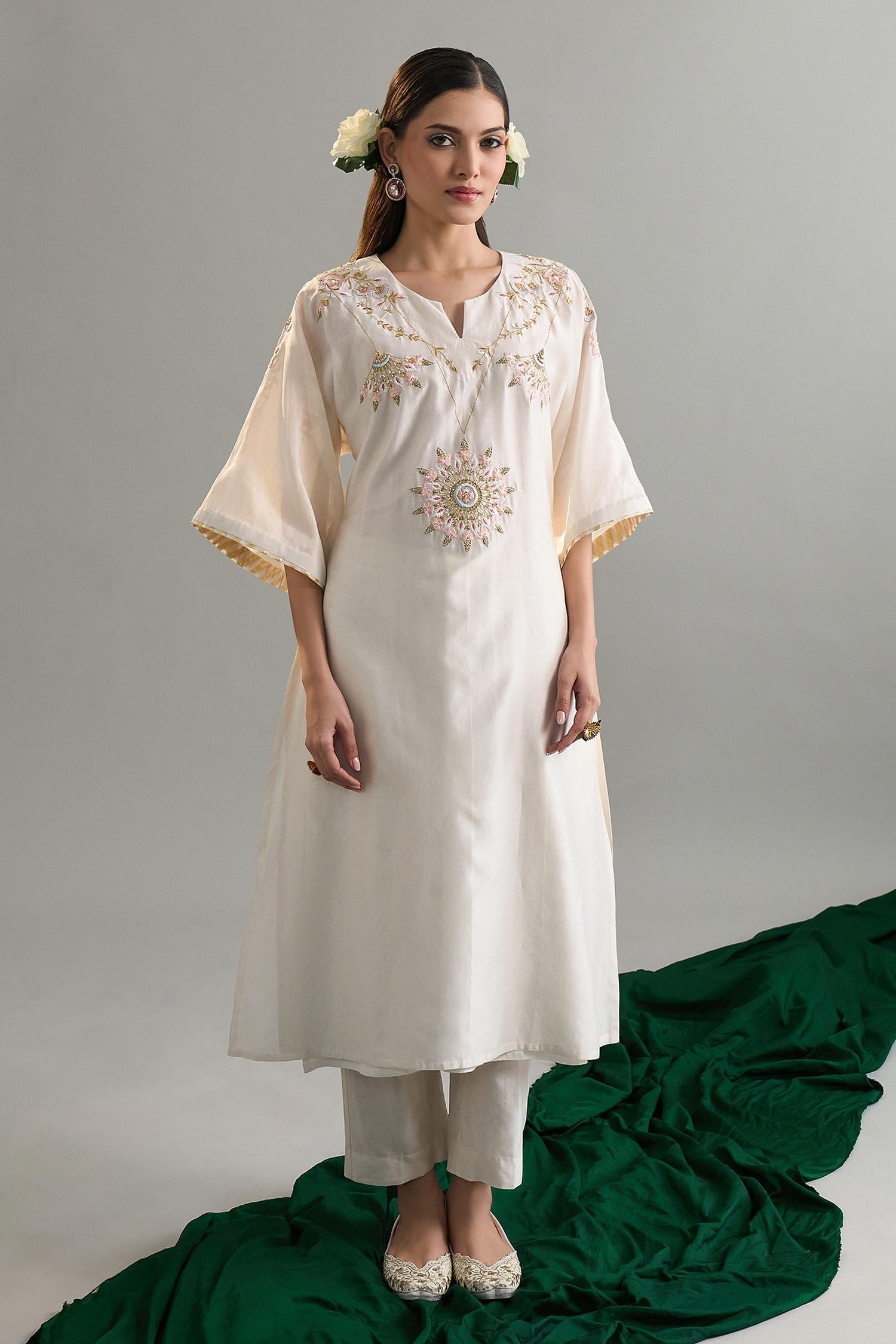 Off White Silk, Silk, Sequins, Embroidery Kaftan And Pant Set - Designer Kurta Set