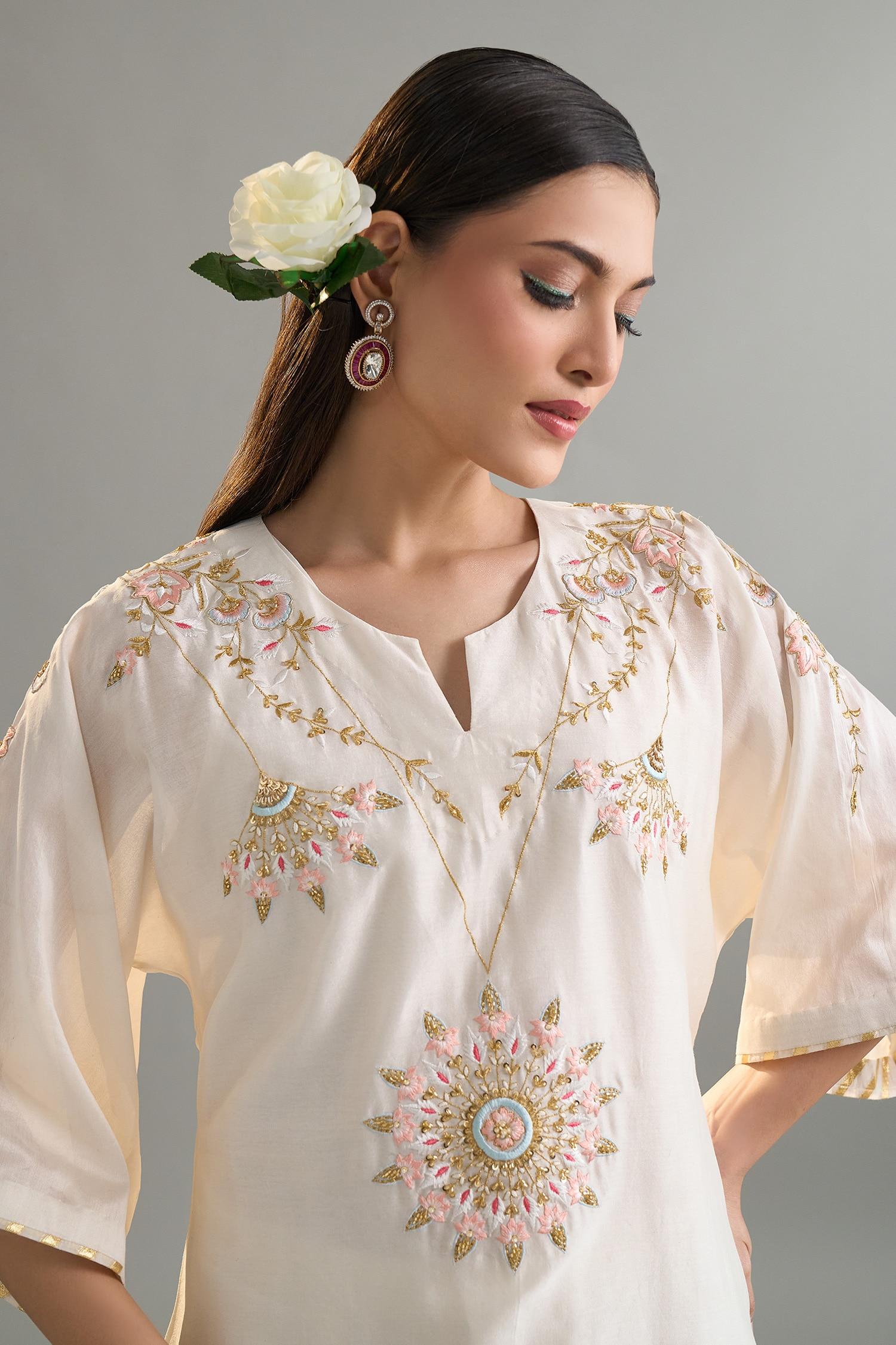 Off White Silk, Silk, Sequins, Embroidery Kaftan And Pant Set - Designer Kurta Set