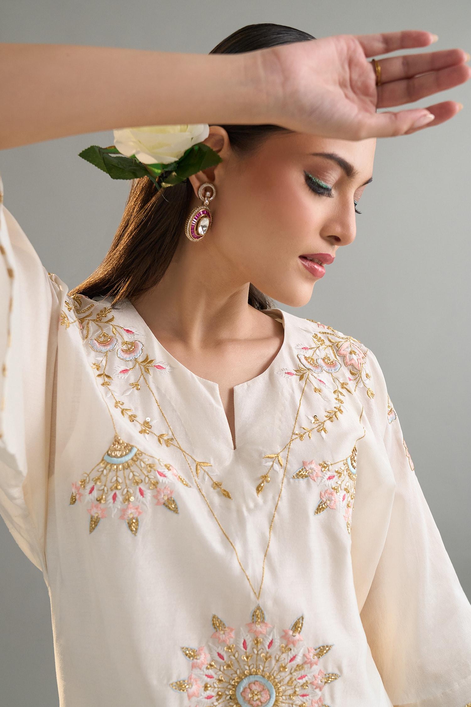 Off White Silk, Silk, Sequins, Embroidery Kaftan And Pant Set - Designer Kurta Set