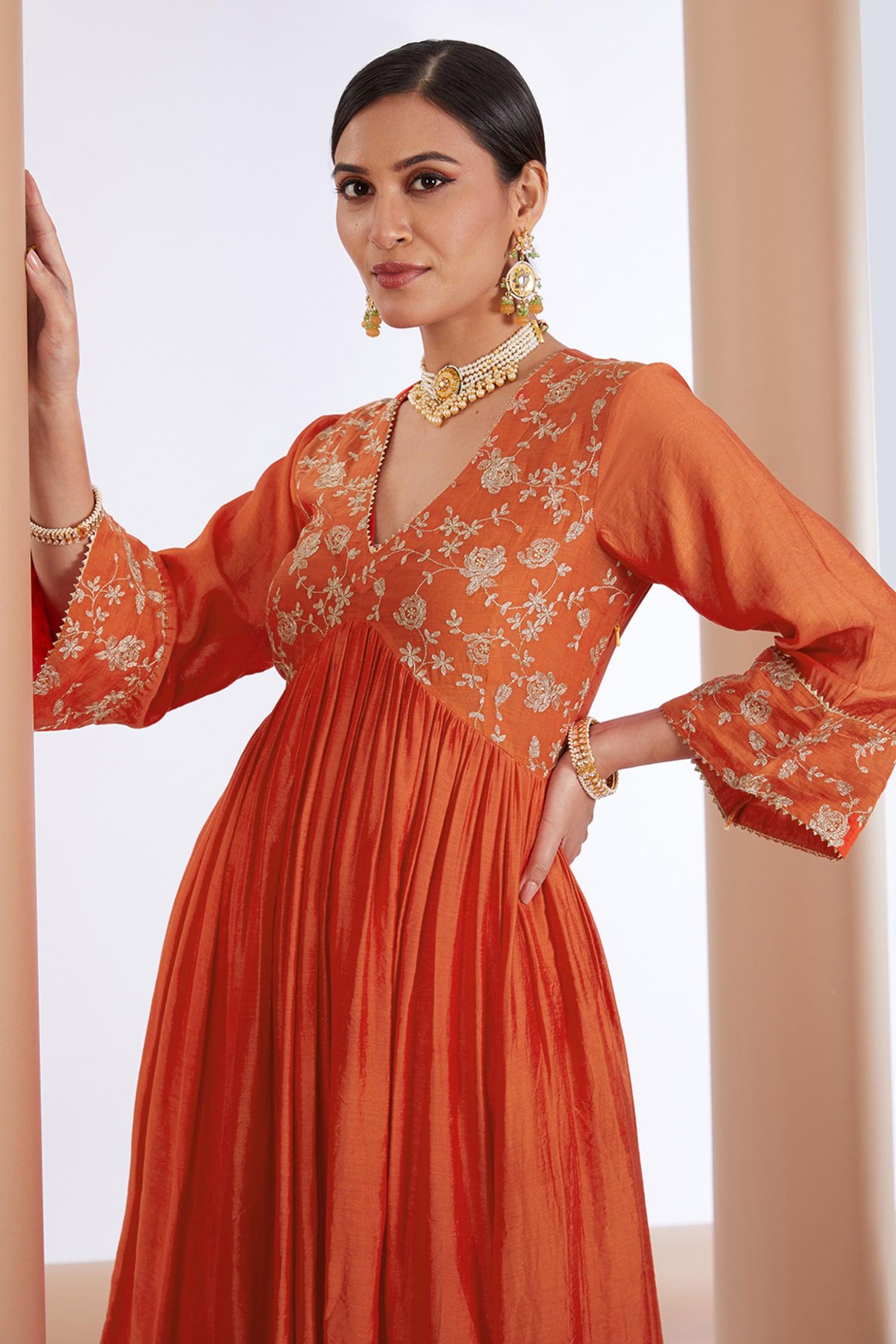 Orange Chanderi Silk, Organza, Linen Embroidery, Floral Anarkali Pant Set - Designer Kurta Set