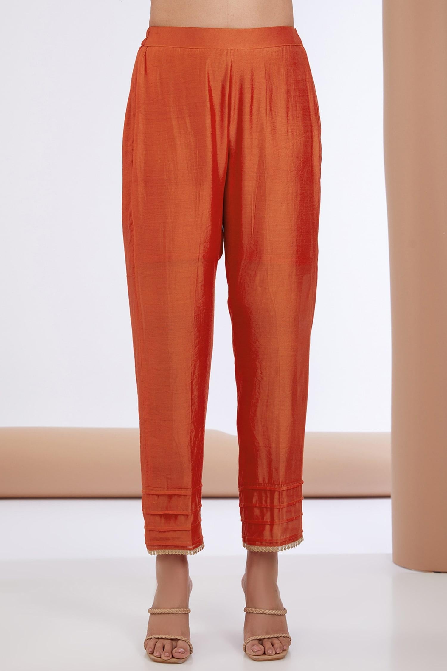 Orange Chanderi Silk, Organza, Linen Embroidery, Floral Anarkali Pant Set - Designer Kurta Set
