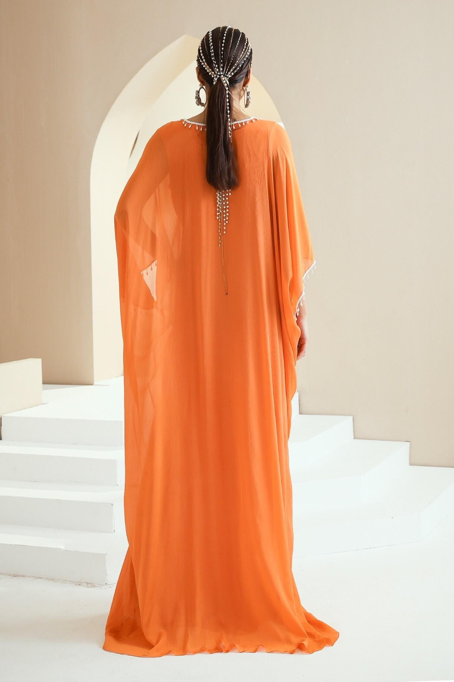 Orange Chiffon, Lining Satin Pearls, Glass Floral Placement Embellished Kaftan - Designer Kurta Set