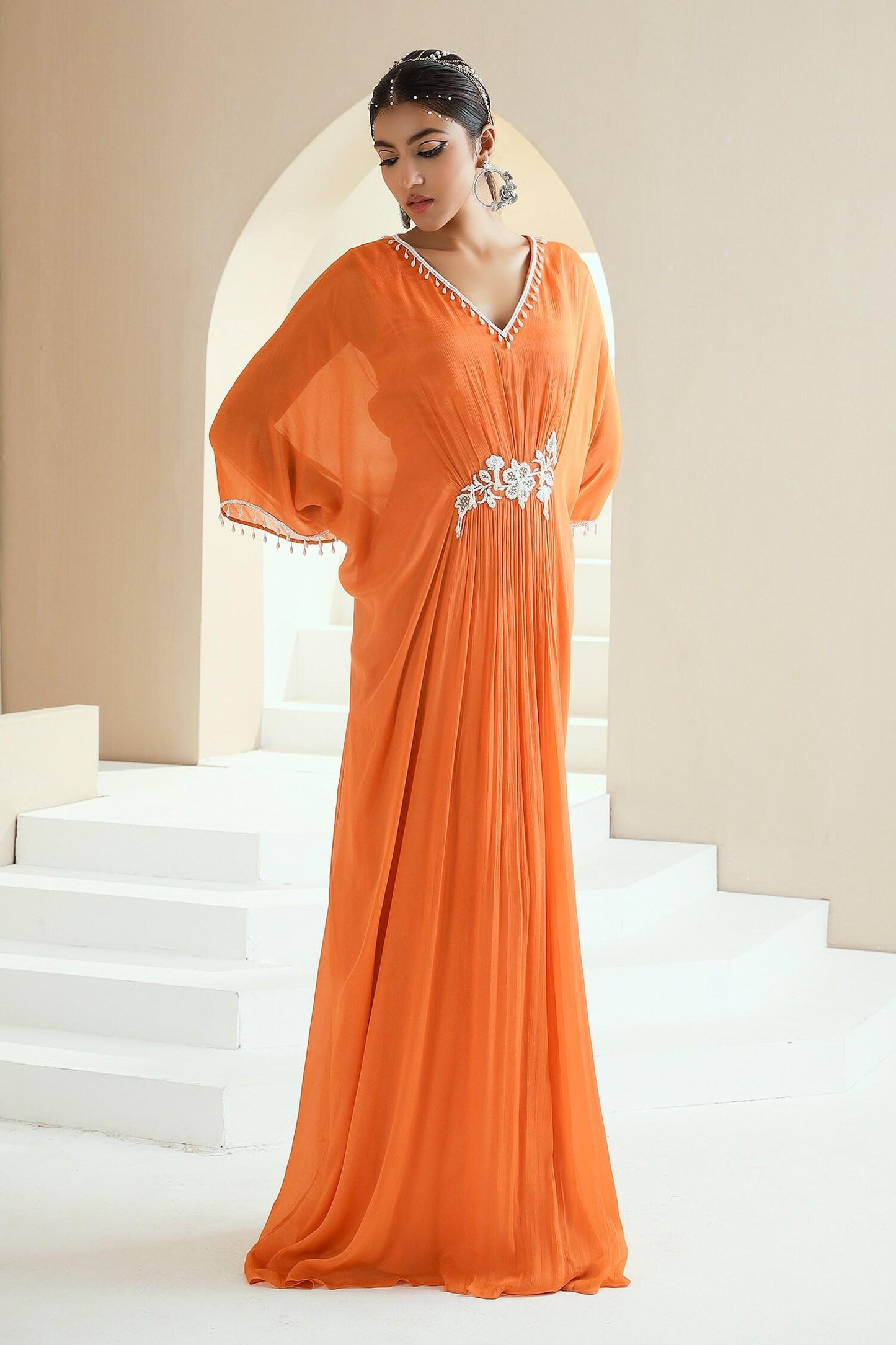 Orange Chiffon, Lining Satin Pearls, Glass Floral Placement Embellished Kaftan - Designer Kurta Set
