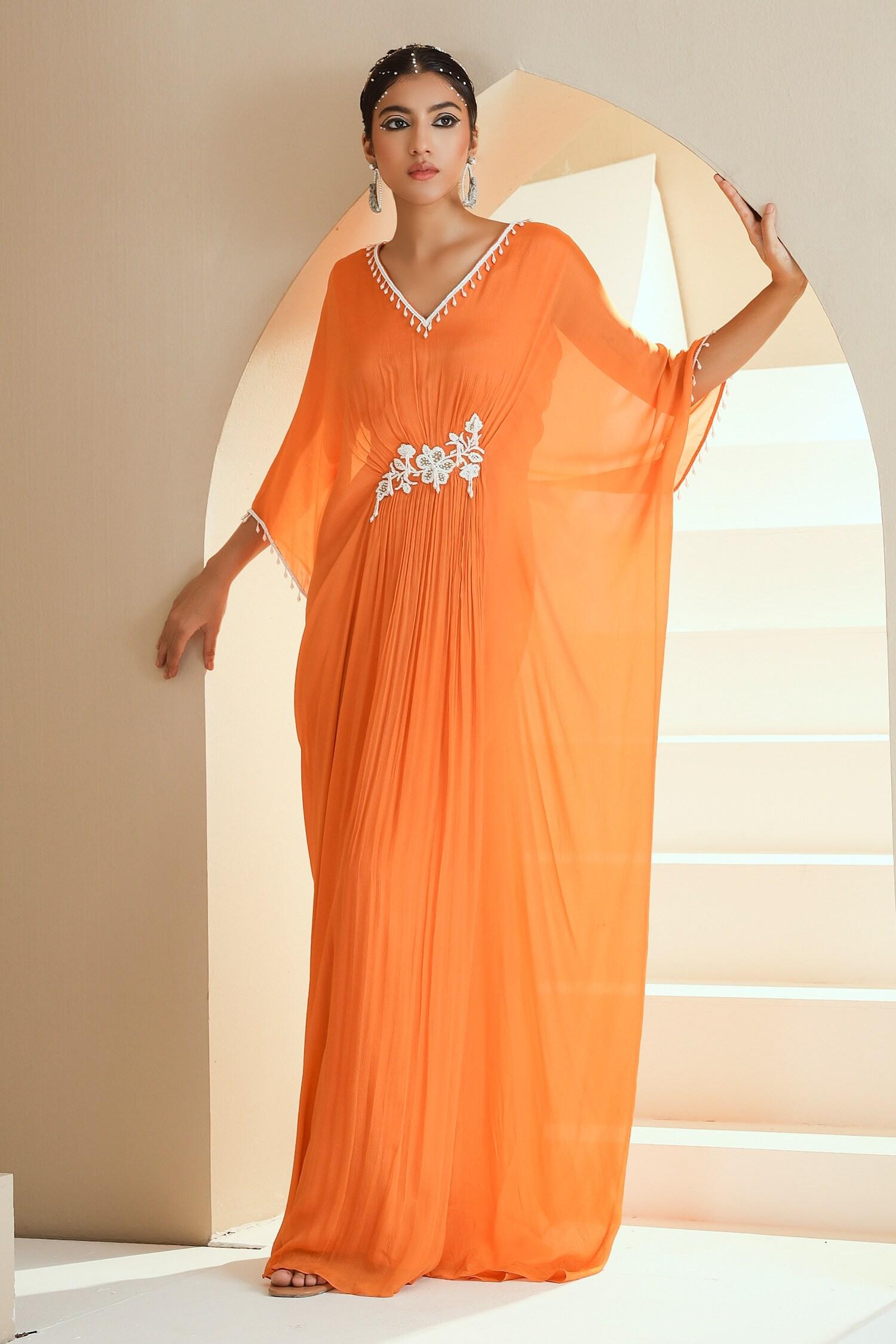 Orange Chiffon, Lining Satin Pearls, Glass Floral Placement Embellished Kaftan - Designer Kurta Set