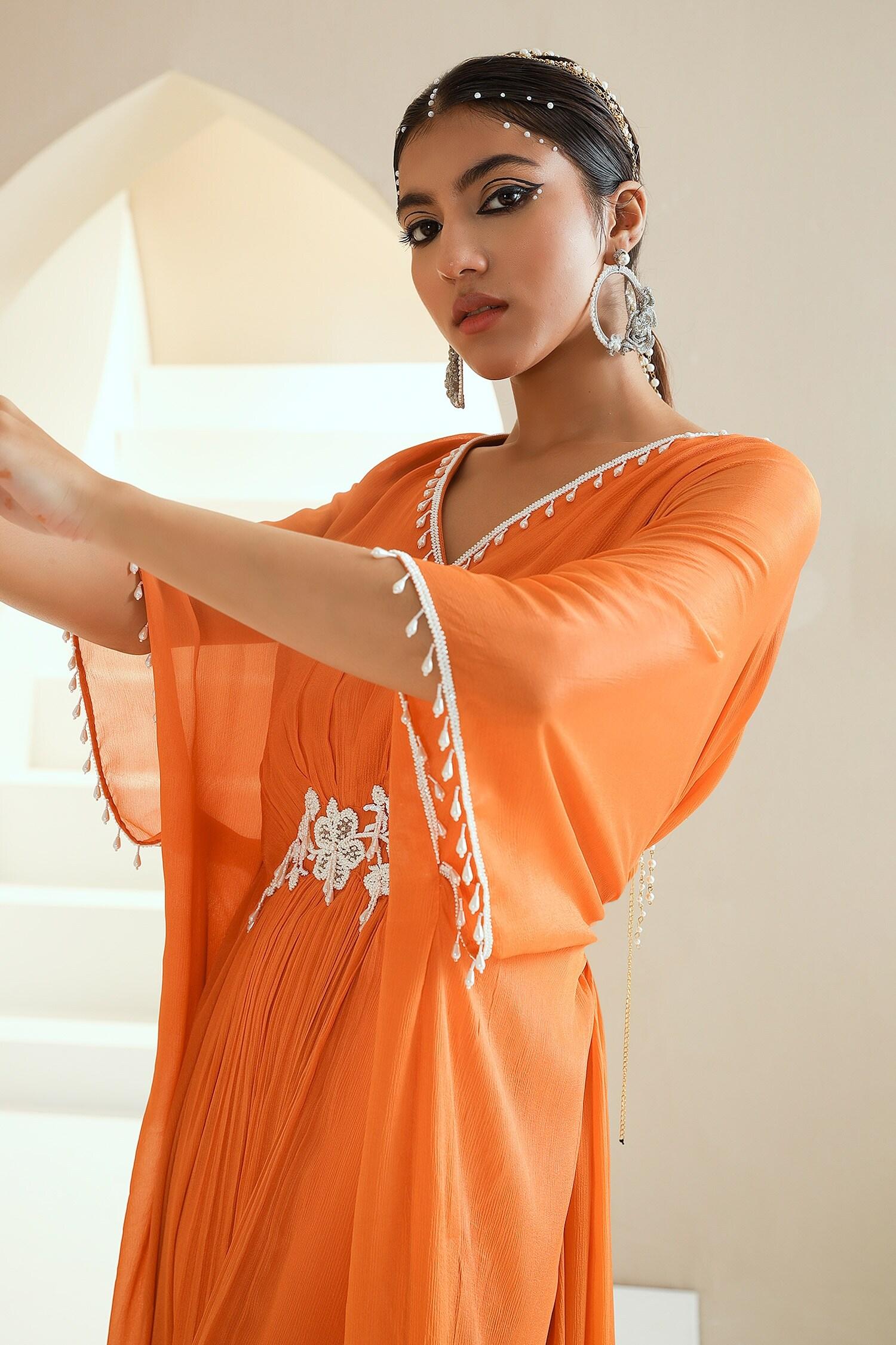 Orange Chiffon, Lining Satin Pearls, Glass Floral Placement Embellished Kaftan - Designer Kurta Set