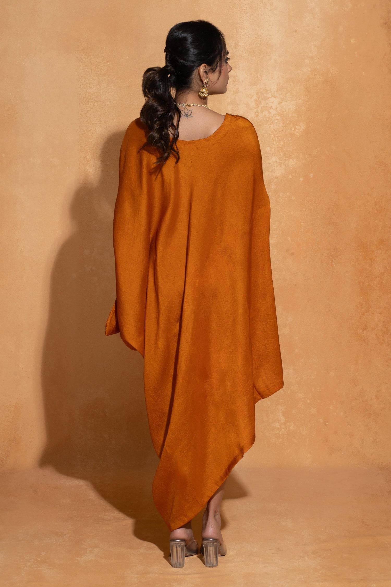Orange Dupian Silk Hand Embroidery Rosette Round Neck Bloom Yoke Kaftan - Designer Kurta Set