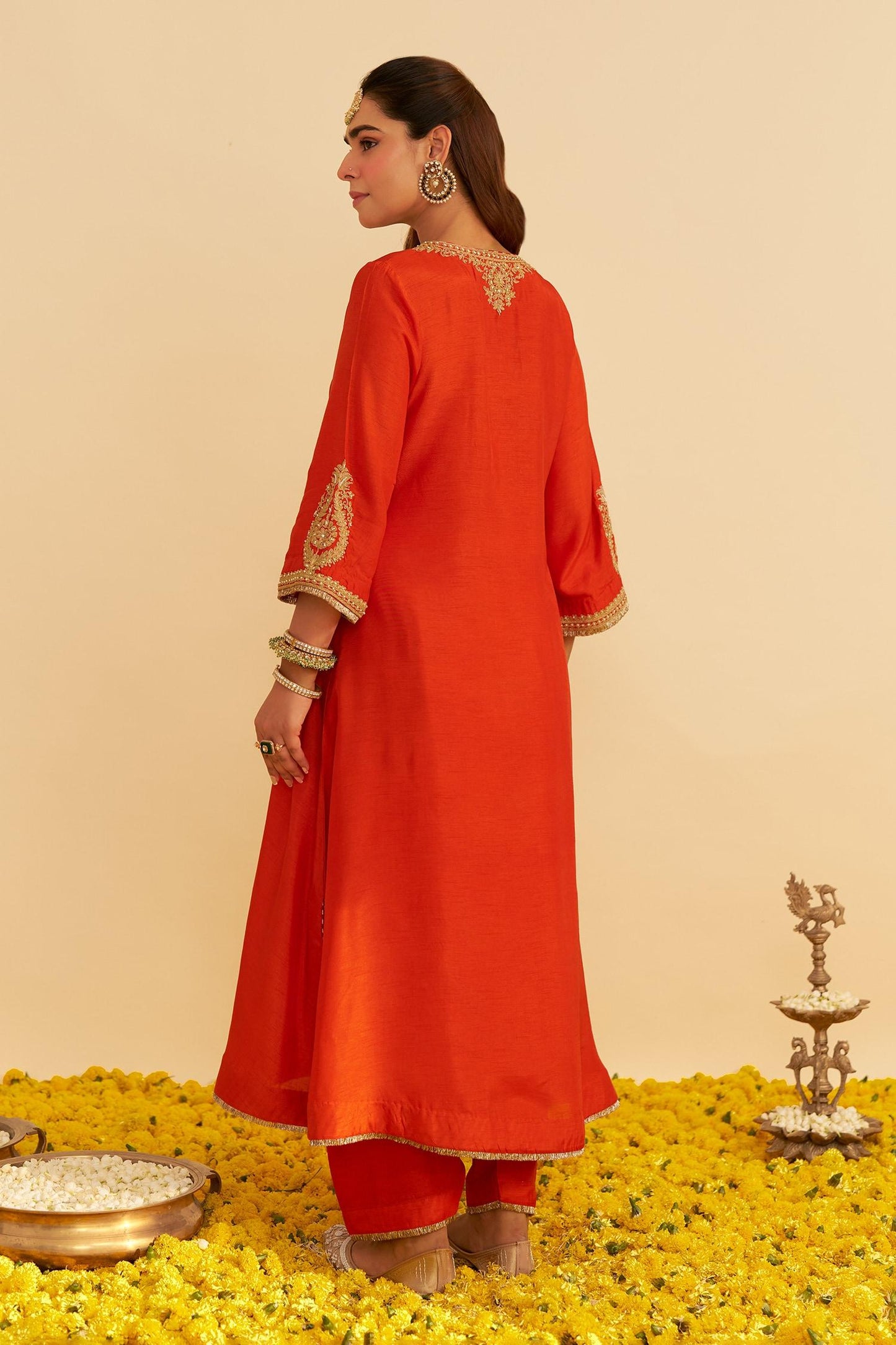 Orange Embroidery V-neck Haayat Kaftan With Salwar - Designer Kurta Set