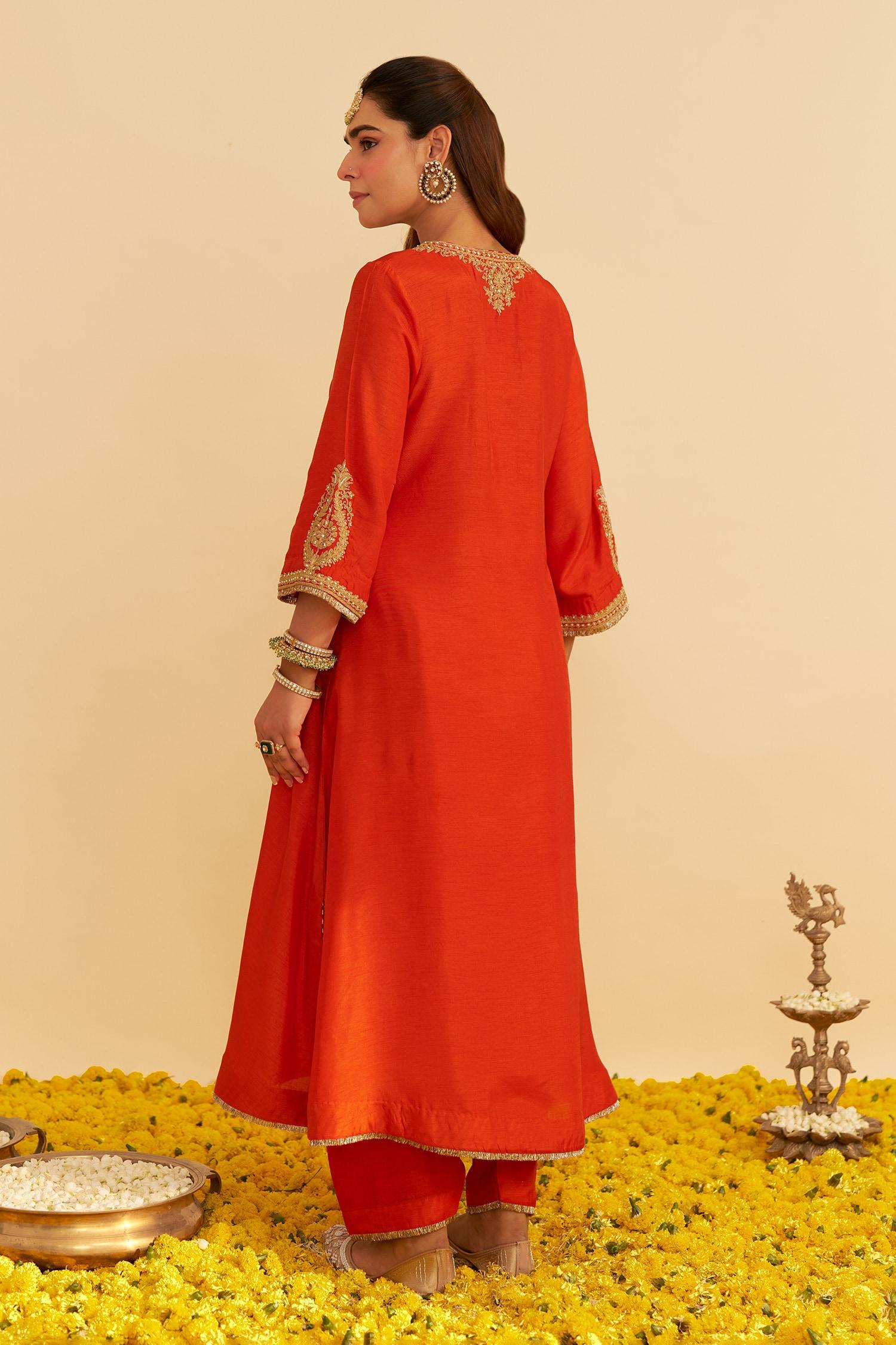 Orange Embroidery V-neck Haayat Kaftan With Salwar - Designer Kurta Set