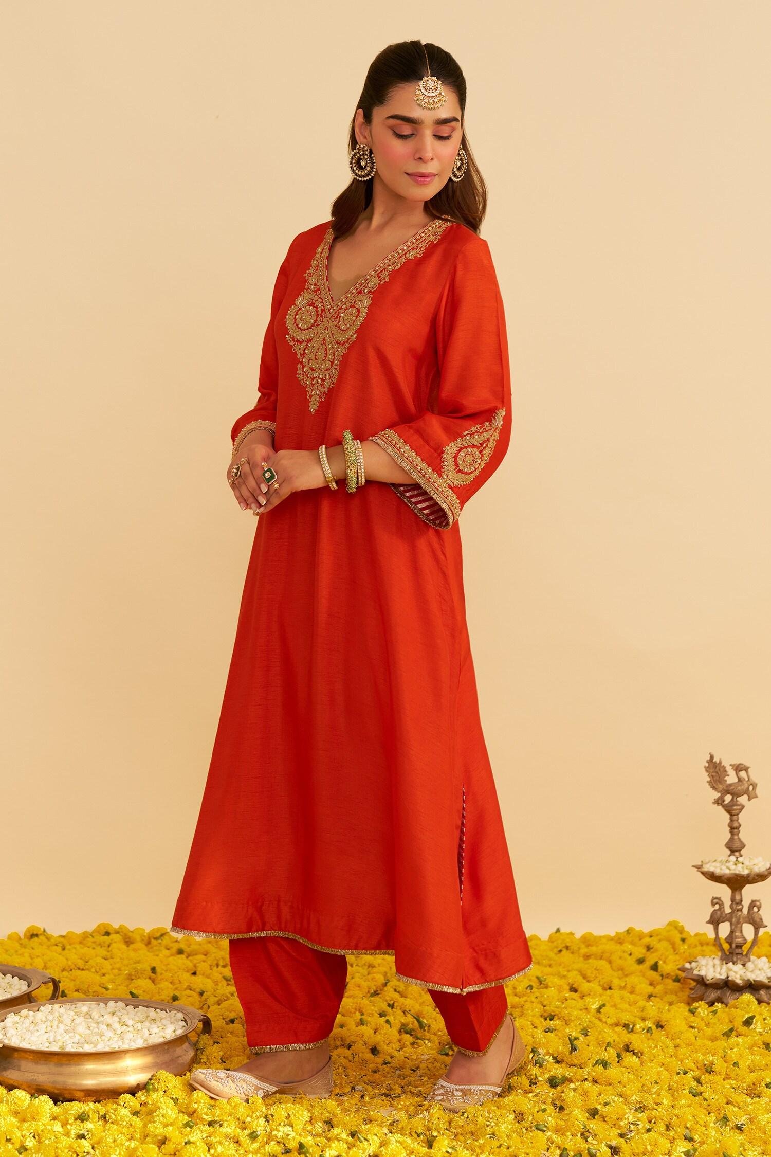 Orange Embroidery V-neck Haayat Kaftan With Salwar - Designer Kurta Set