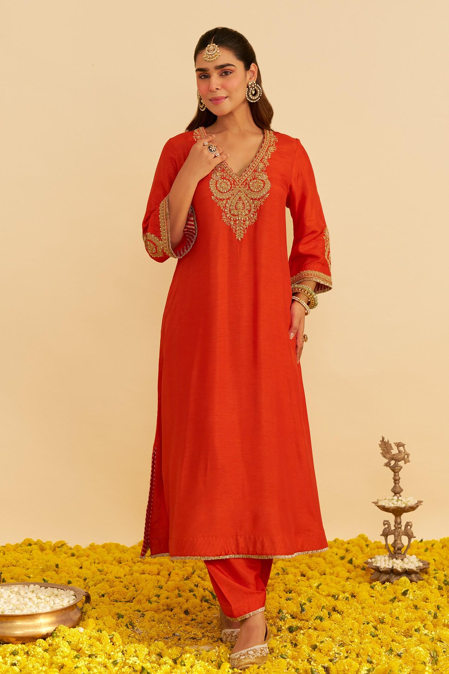 Orange Embroidery V-neck Haayat Kaftan With Salwar - Designer Kurta Set