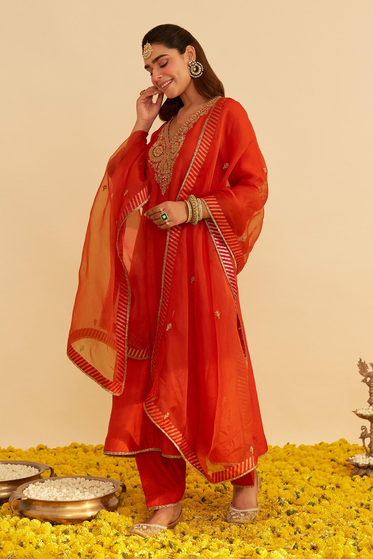 Orange Embroidery V-neck Haayat Kaftan With Salwar - Designer Kurta Set
