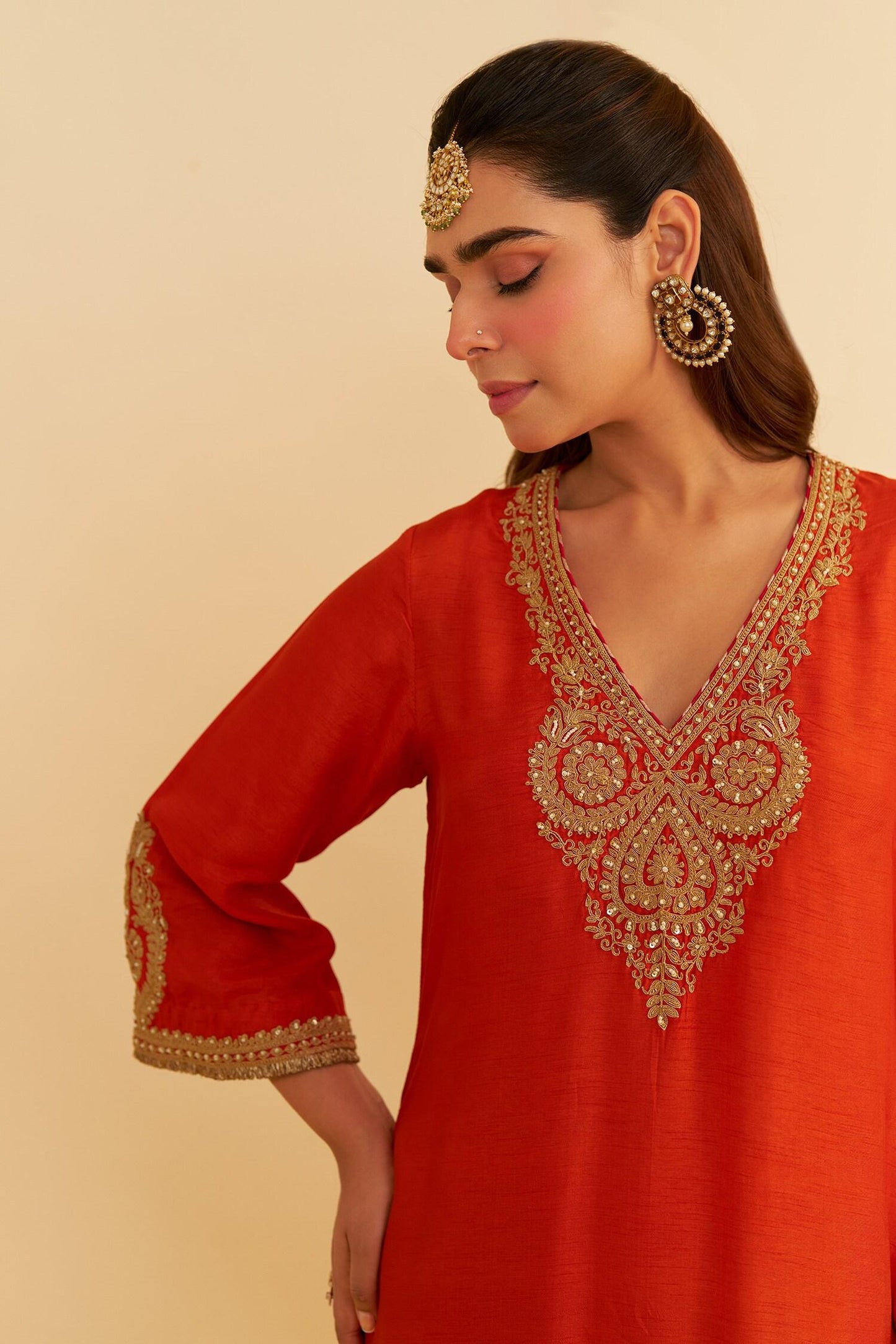 Orange Embroidery V-neck Haayat Kaftan With Salwar - Designer Kurta Set