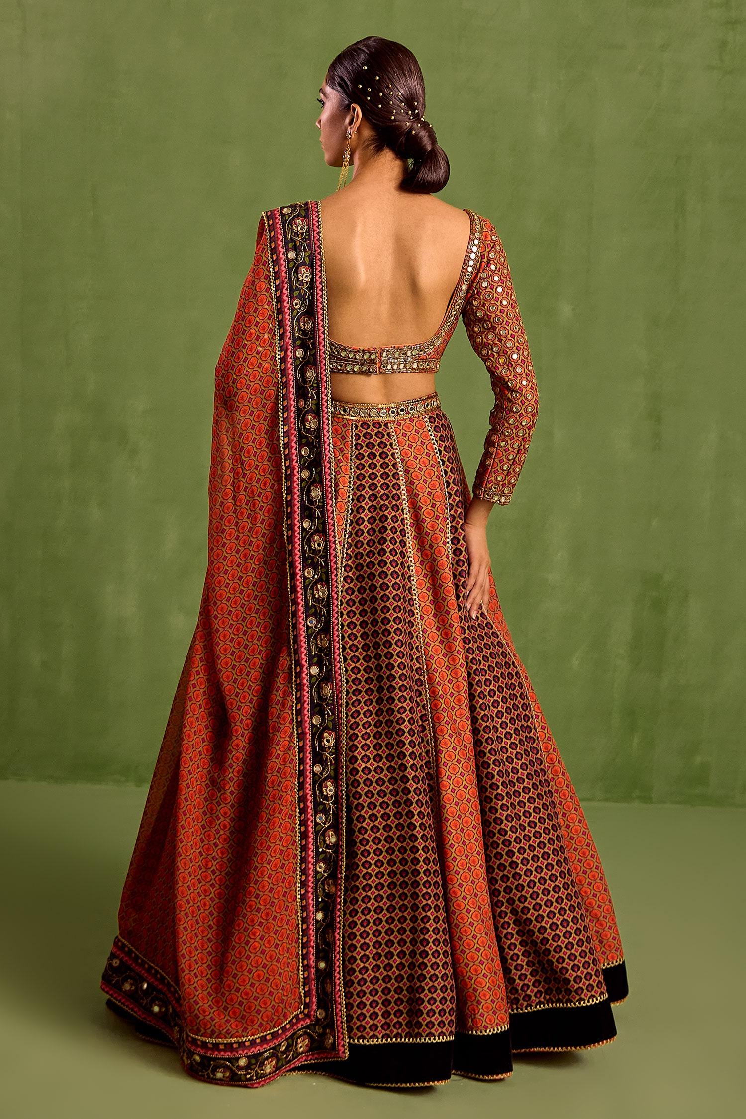 Orange Organza, Crepe, Viscose Floral Geometric Printed Panelled Lehenga Set - Designer Kurta Set