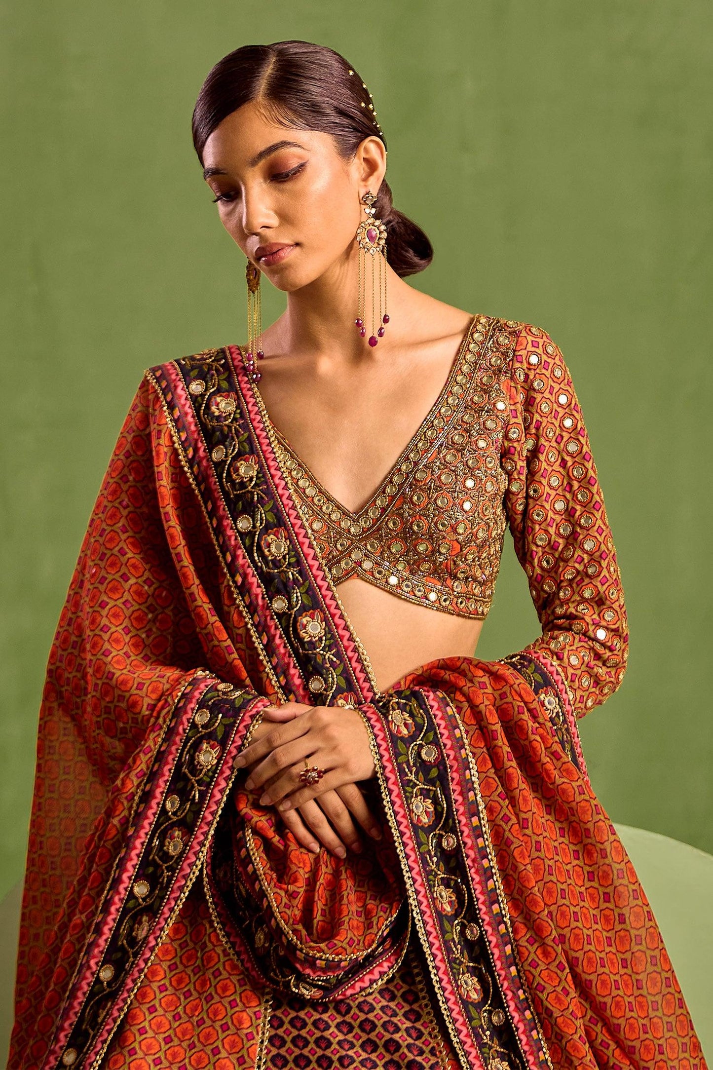 Orange Organza, Crepe, Viscose Floral Geometric Printed Panelled Lehenga Set - Designer Kurta Set