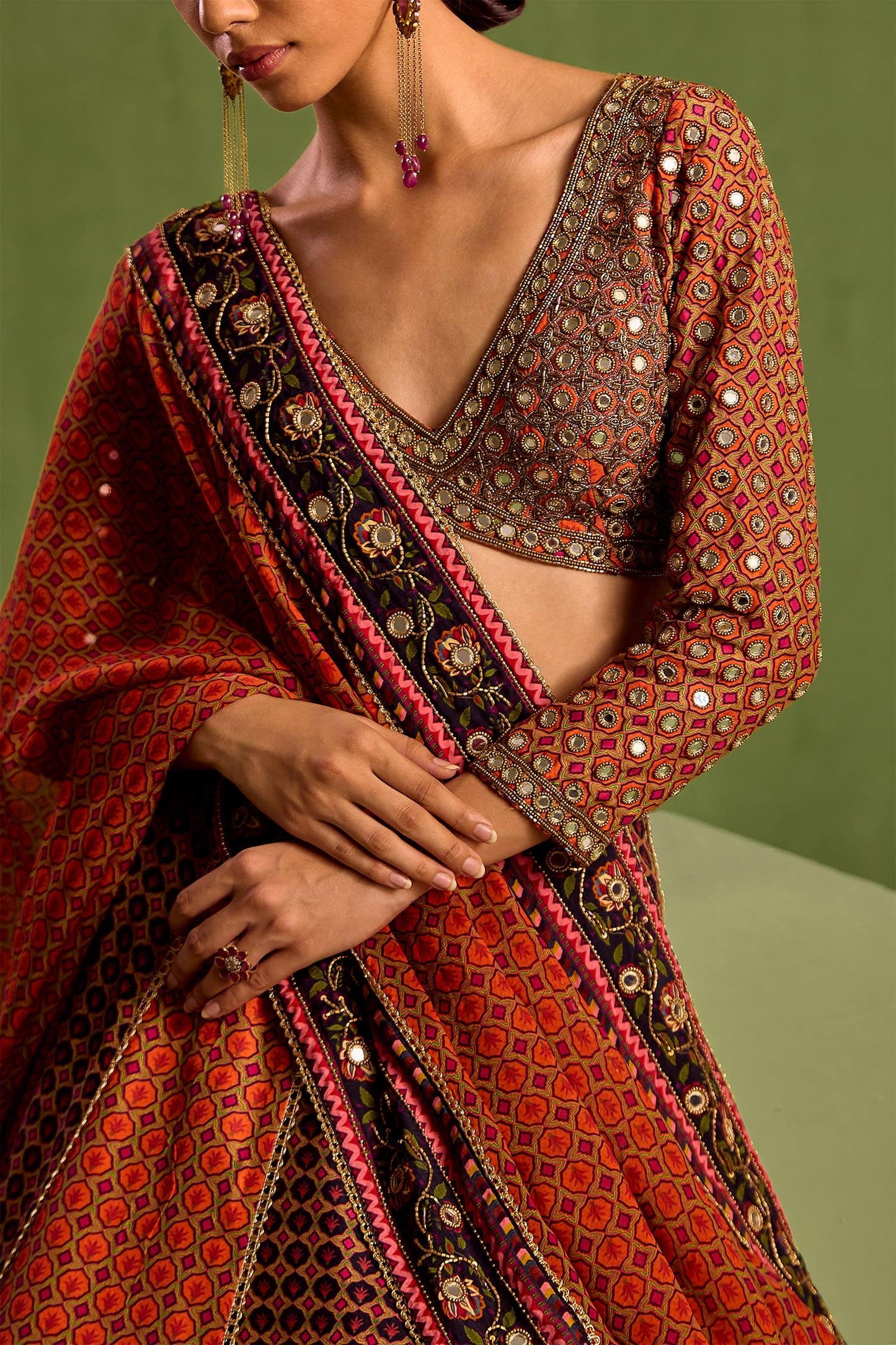 Orange Organza, Crepe, Viscose Floral Geometric Printed Panelled Lehenga Set - Designer Kurta Set