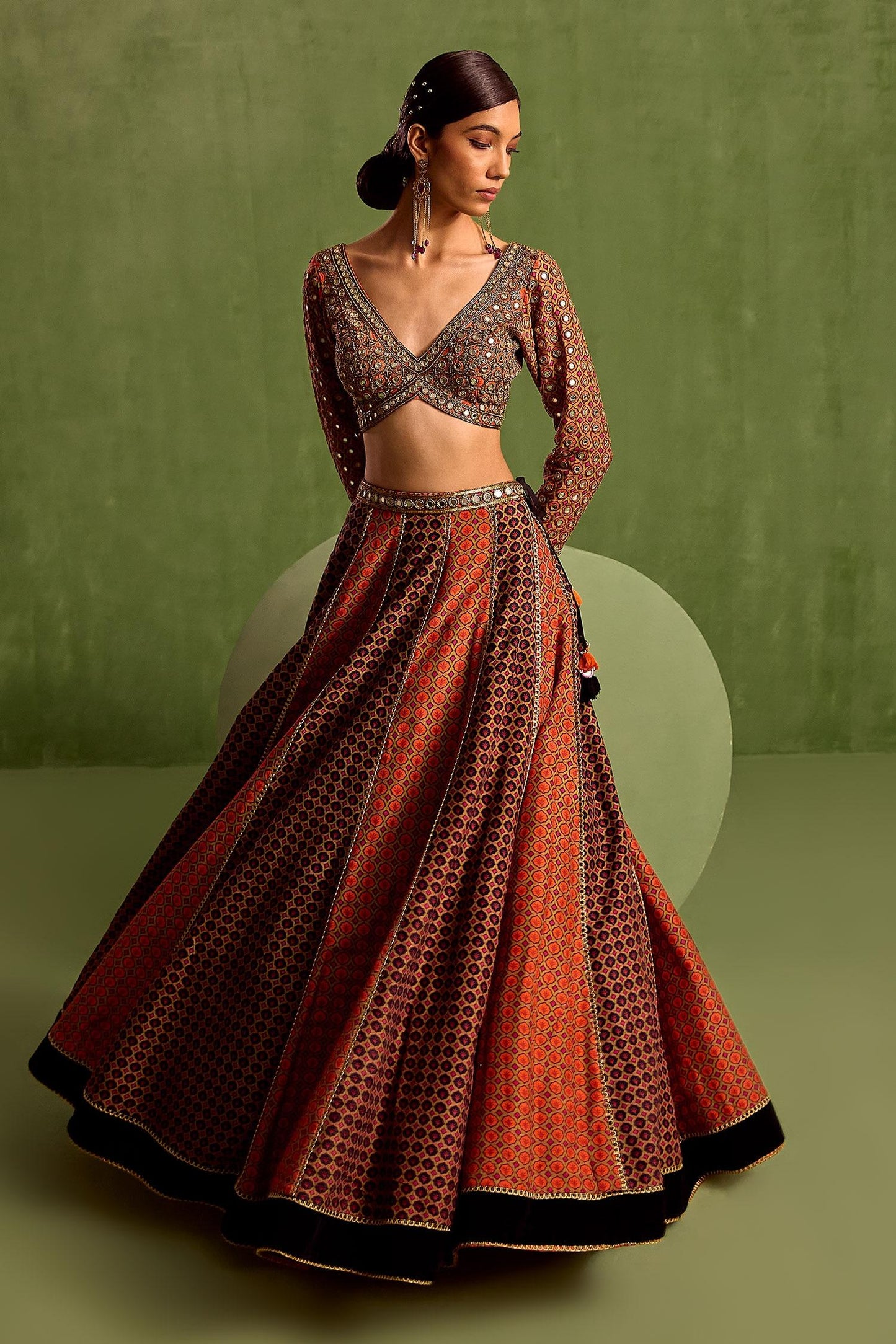 Orange Organza, Crepe, Viscose Floral Geometric Printed Panelled Lehenga Set - Designer Kurta Set