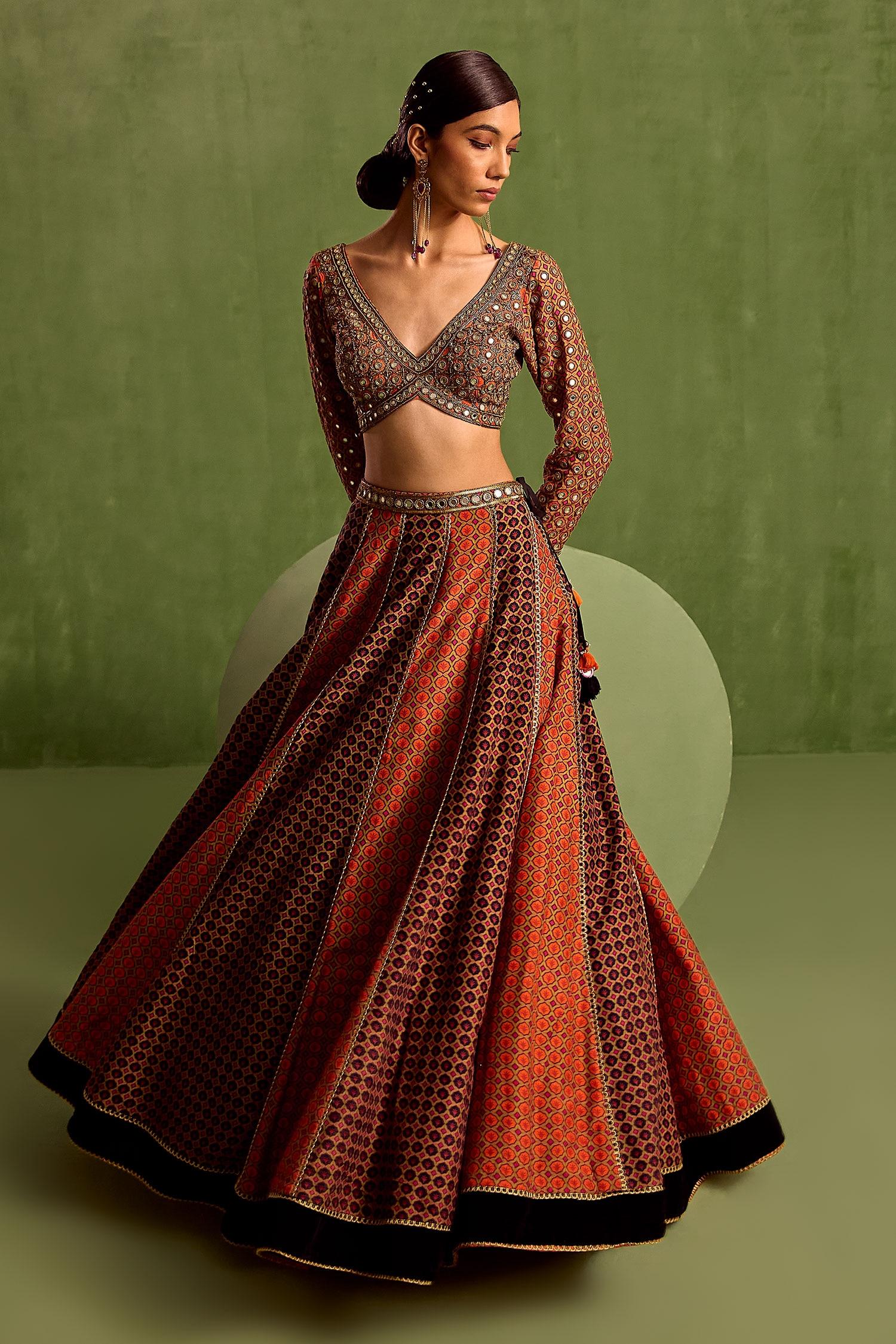 Orange Organza, Crepe, Viscose Floral Geometric Printed Panelled Lehenga Set - Designer Kurta Set