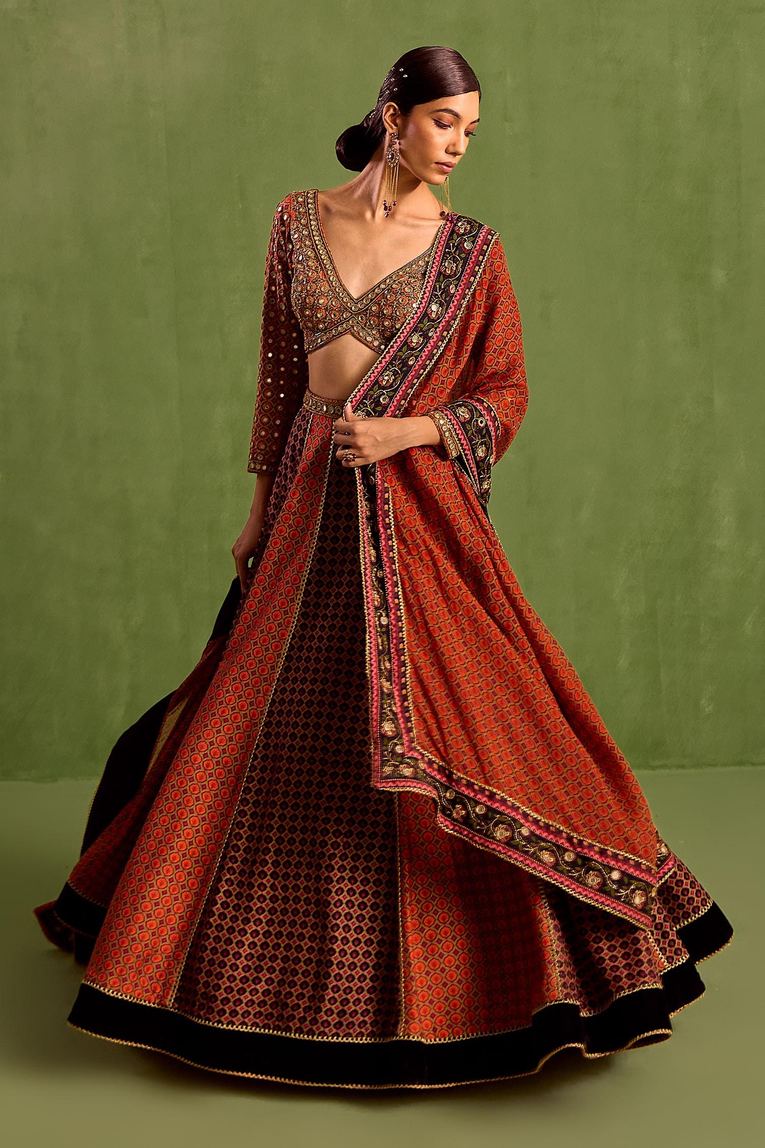 Orange Organza, Crepe, Viscose Floral Geometric Printed Panelled Lehenga Set - Designer Kurta Set