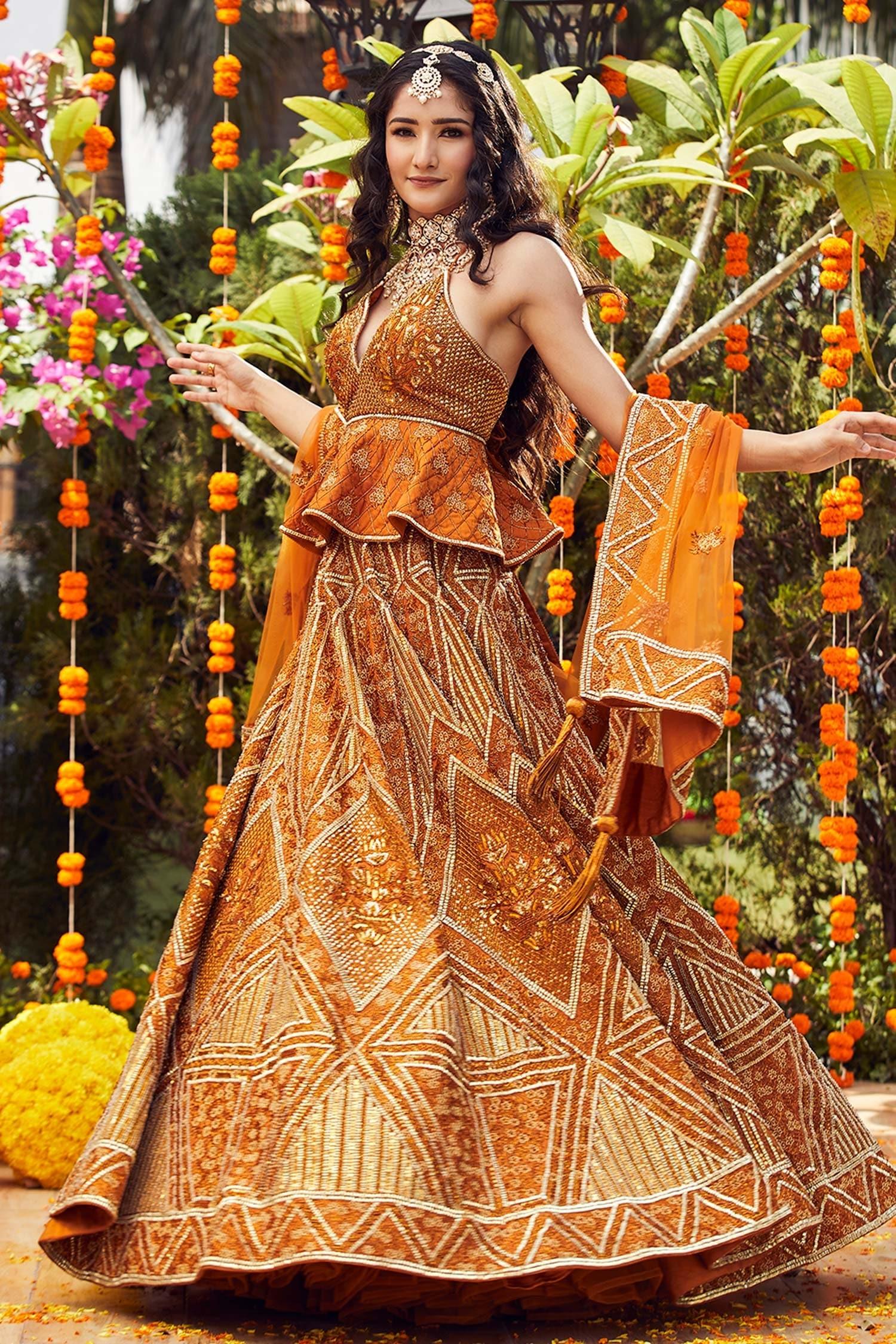 Orange Raw Silk Embroidered Bead Work Sweetheart Neck Peplum Choli Lehenga Set - Designer Kurta Set