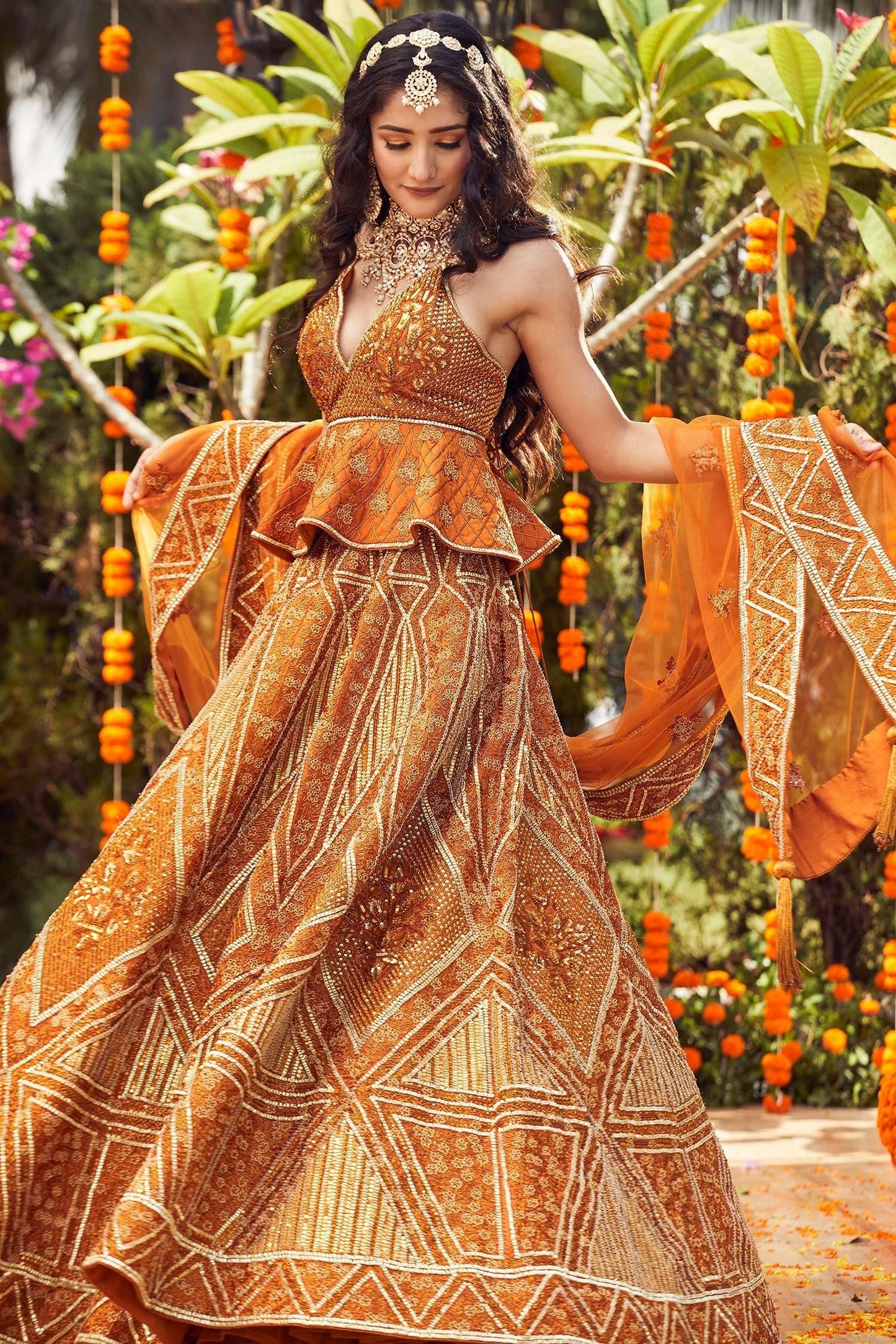 Orange Raw Silk Embroidered Bead Work Sweetheart Neck Peplum Choli Lehenga Set - Designer Kurta Set