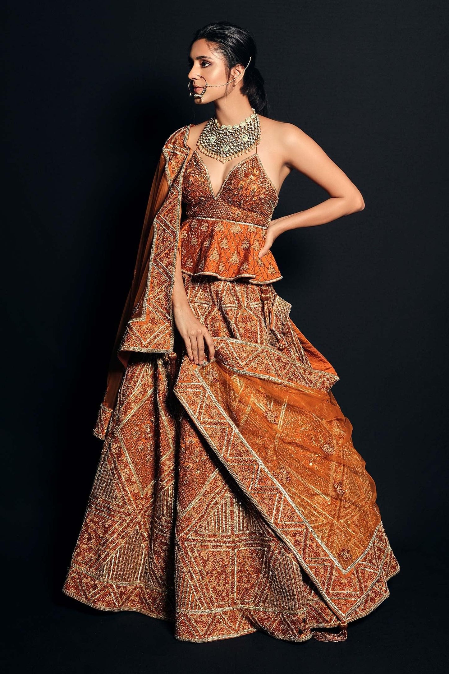 Orange Raw Silk Embroidered Bead Work Sweetheart Neck Peplum Choli Lehenga Set - Designer Kurta Set