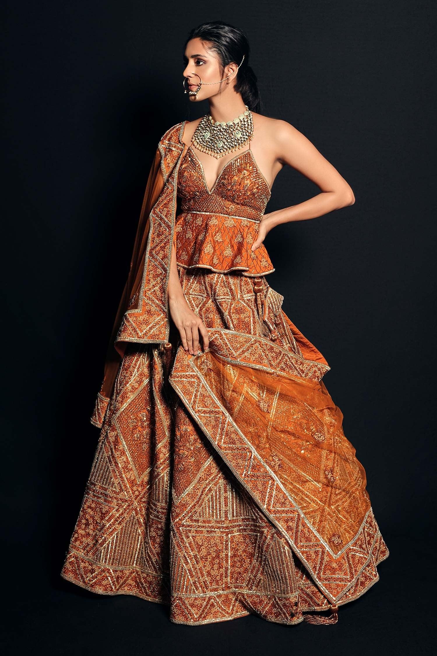 Orange Raw Silk Embroidered Bead Work Sweetheart Neck Peplum Choli Lehenga Set - Designer Kurta Set