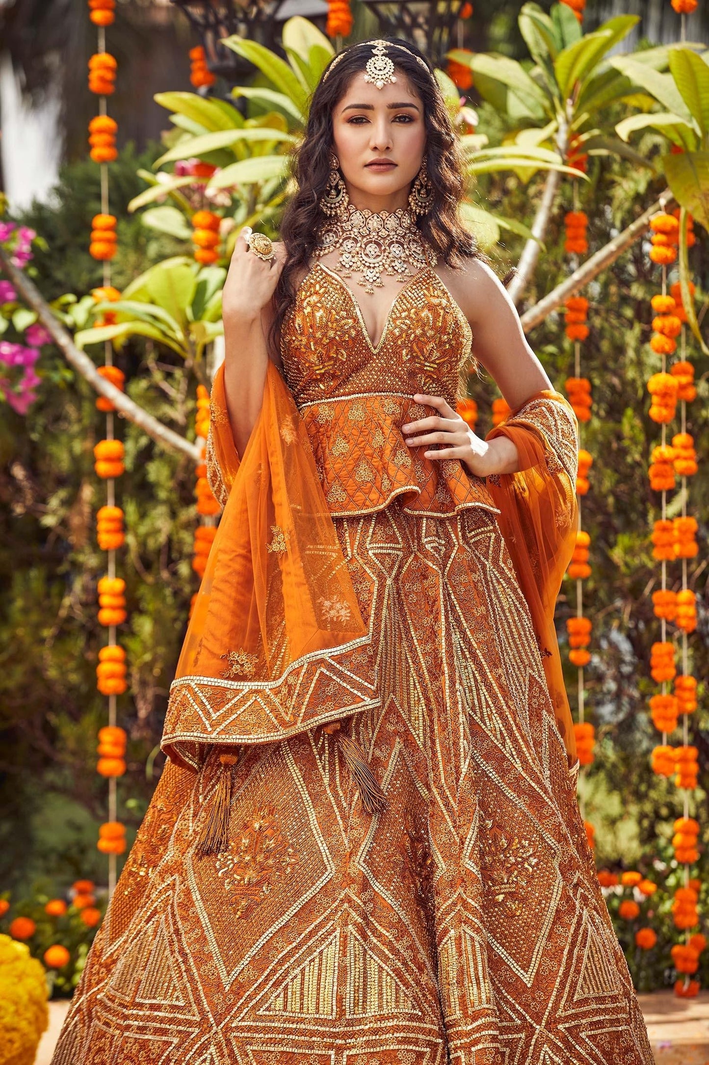 Orange Raw Silk Embroidered Bead Work Sweetheart Neck Peplum Choli Lehenga Set - Designer Kurta Set