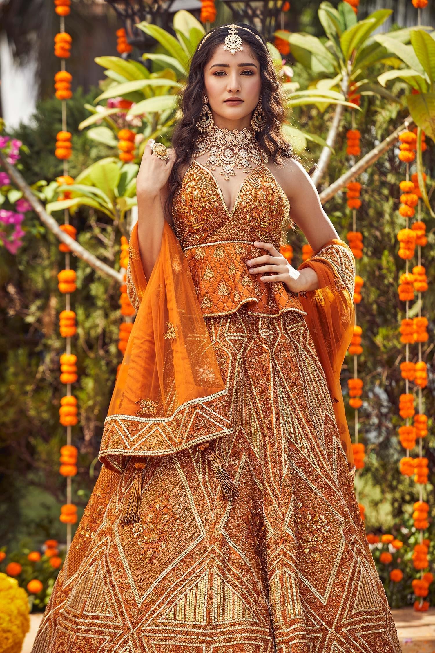 Orange Raw Silk Embroidered Bead Work Sweetheart Neck Peplum Choli Lehenga Set - Designer Kurta Set