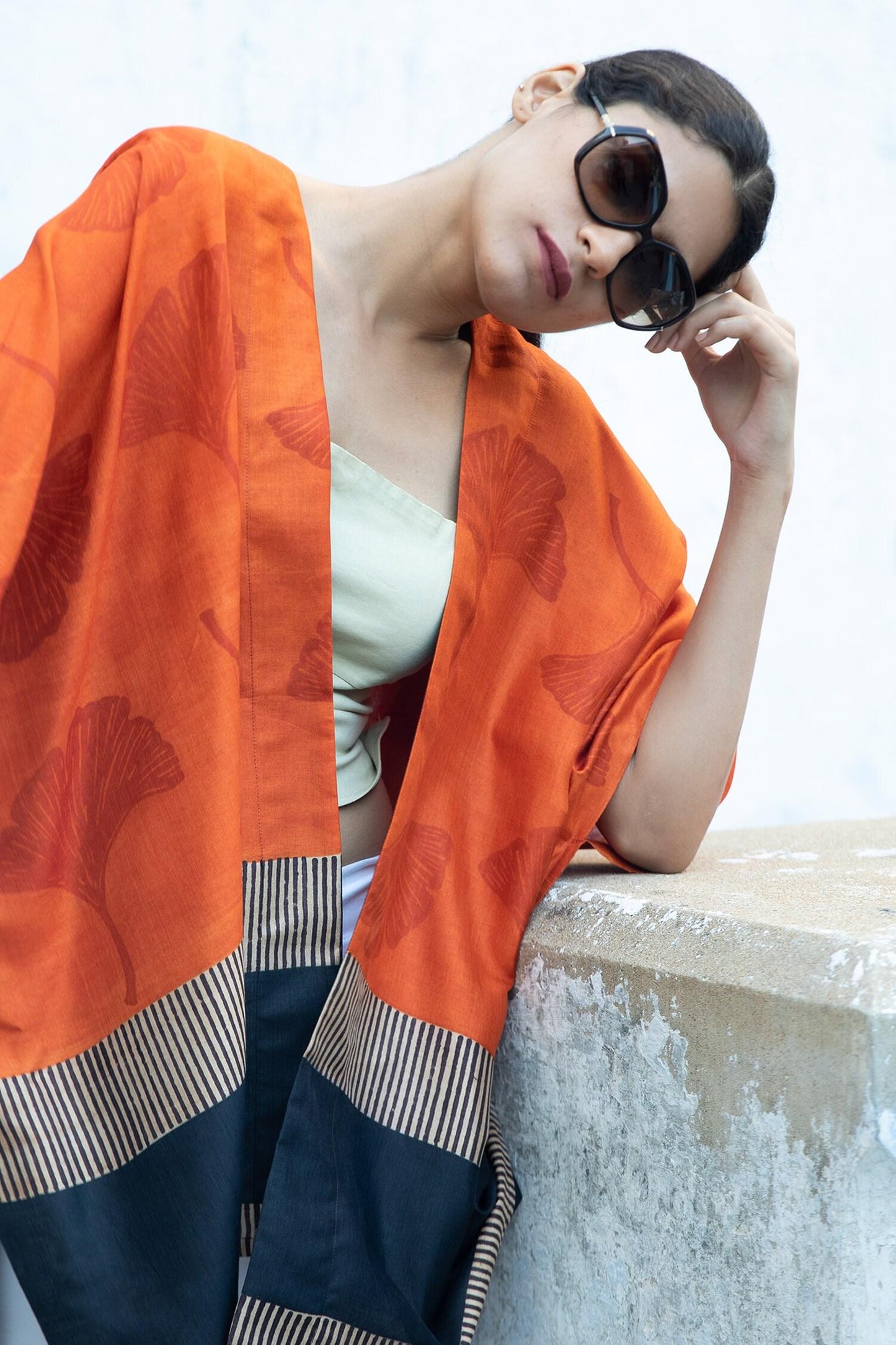 Orange Silk Embroidery Open Neck Leaf Block Print Kaftan - Designer Kurta Set
