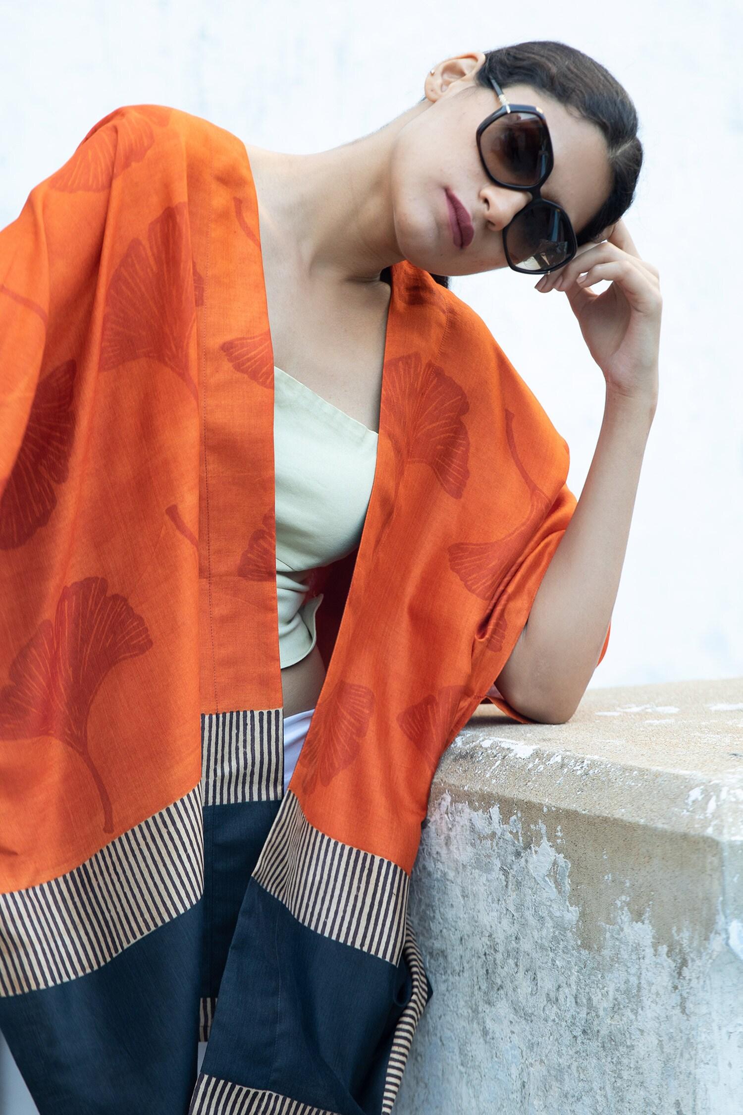 Orange Silk Embroidery Open Neck Leaf Block Print Kaftan - Designer Kurta Set