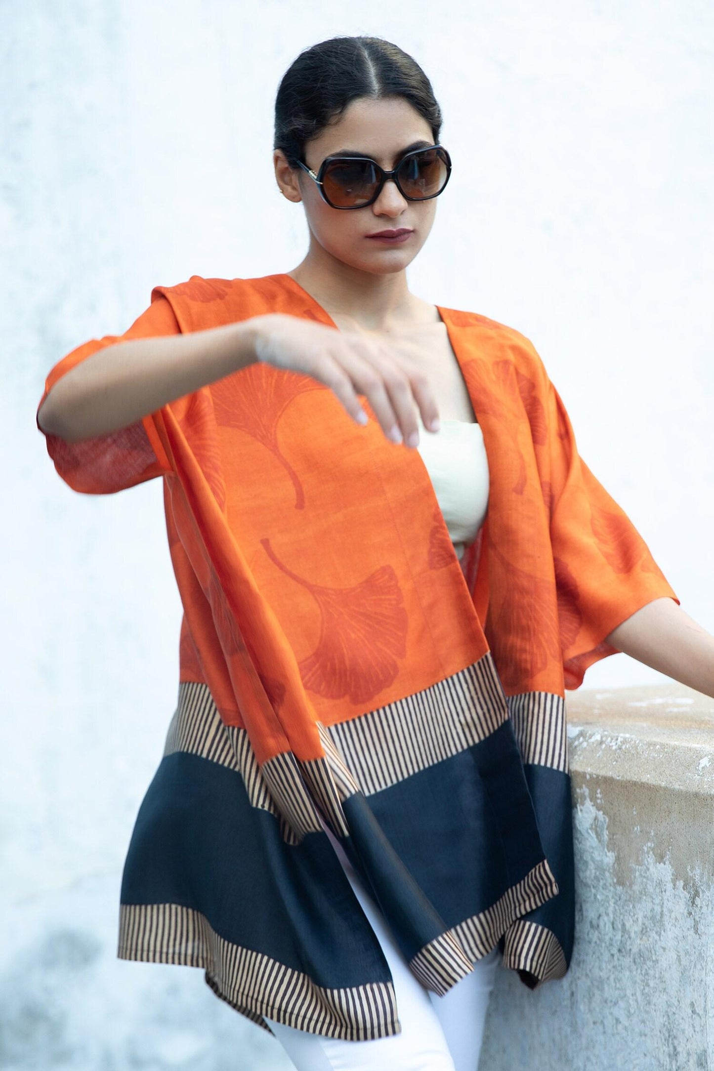 Orange Silk Embroidery Open Neck Leaf Block Print Kaftan - Designer Kurta Set