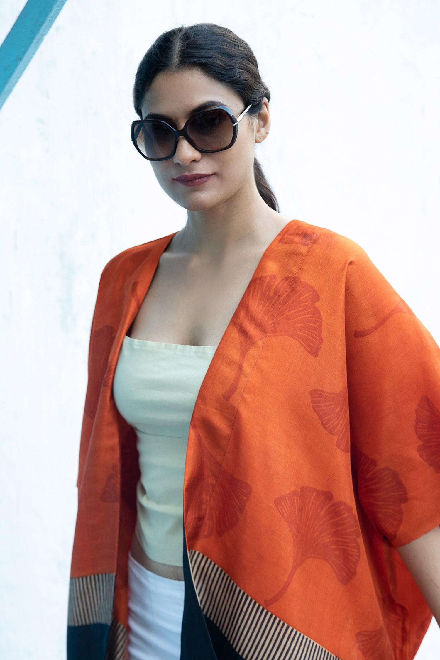 Orange Silk Embroidery Open Neck Leaf Block Print Kaftan - Designer Kurta Set