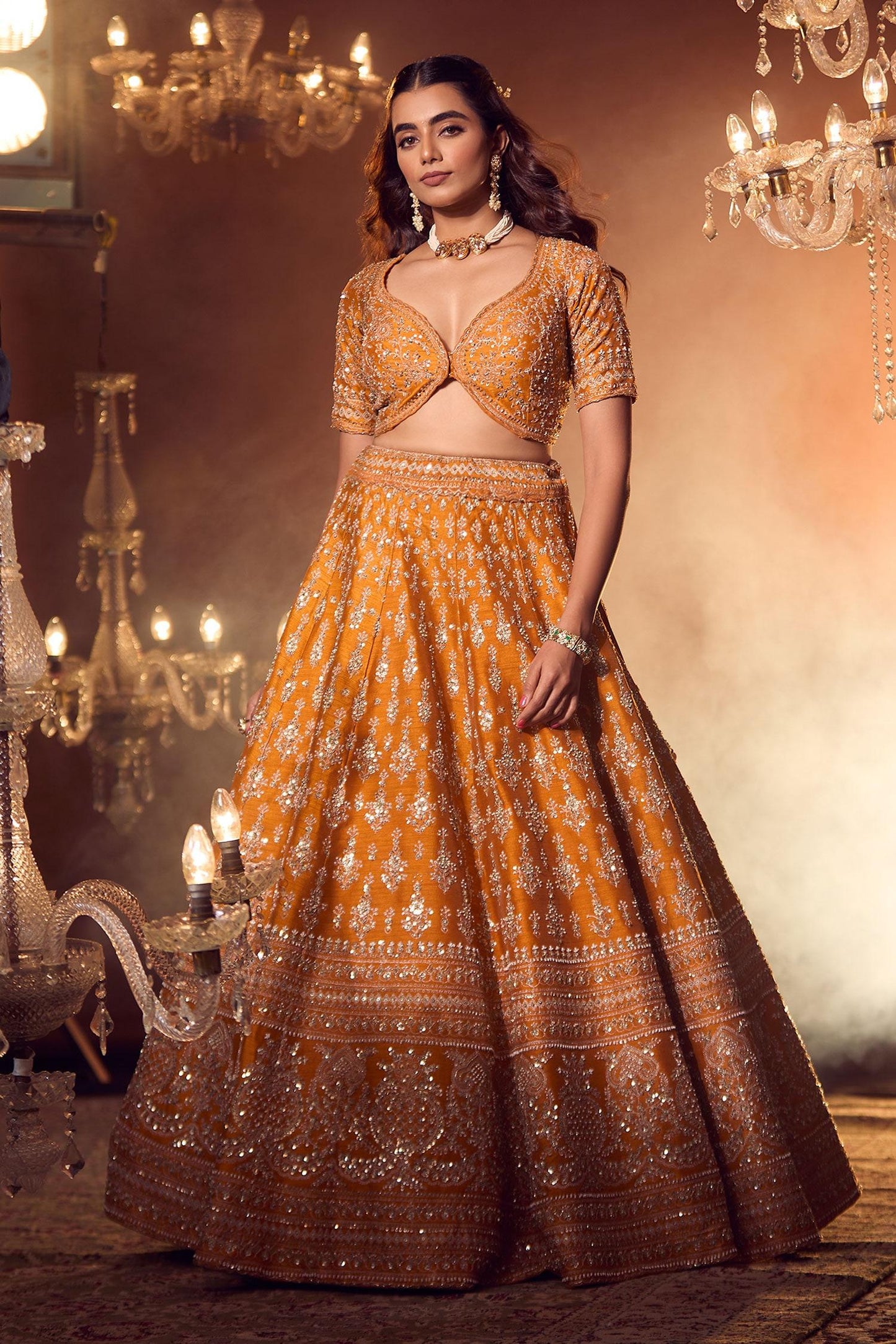Orange Silk, Georgette Embroidery, Sequins, Floral Zardozi Bridal Lehenga Set - Designer Kurta Set