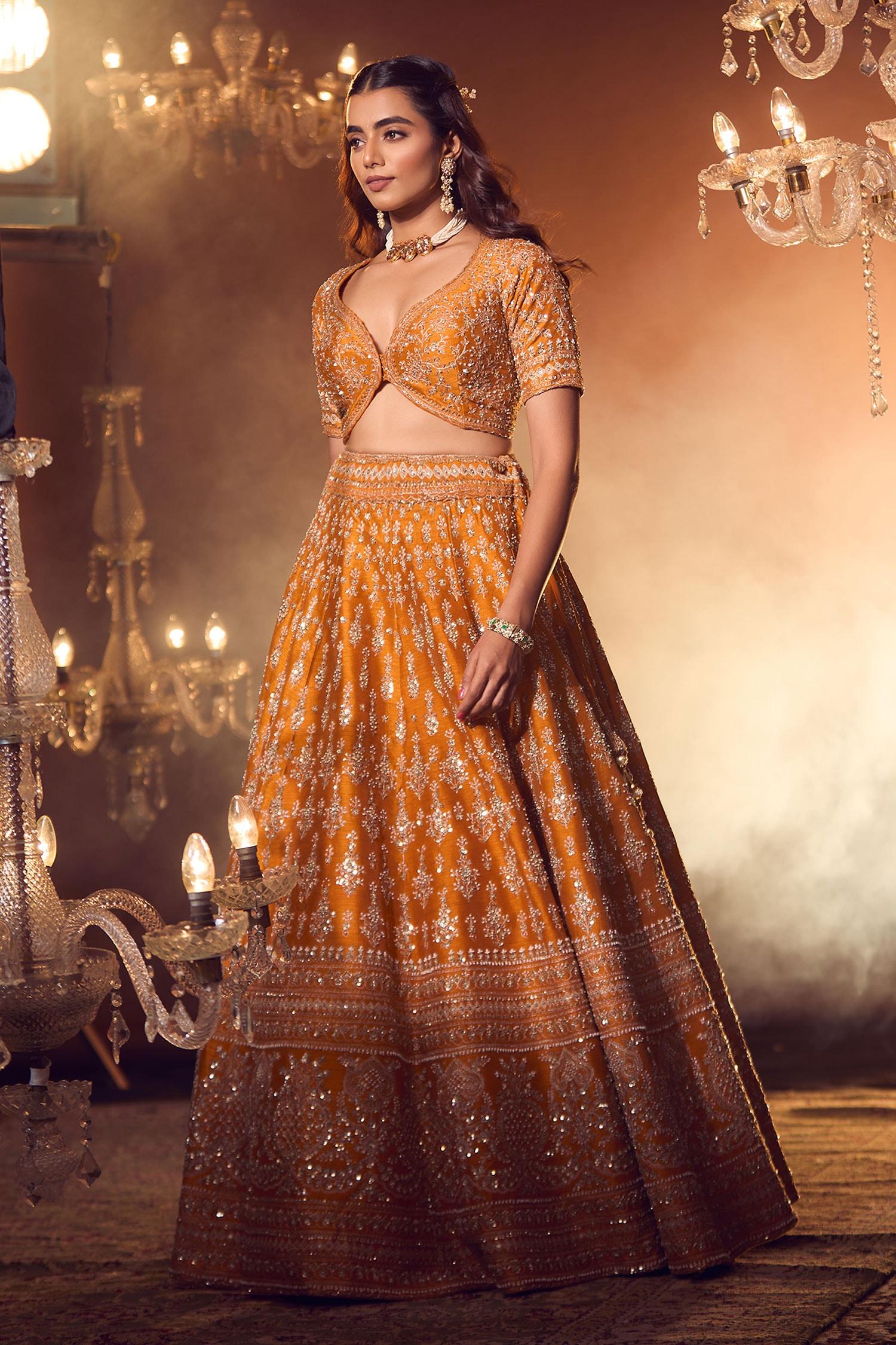 Orange Silk, Georgette Embroidery, Sequins, Floral Zardozi Bridal Lehenga Set - Designer Kurta Set
