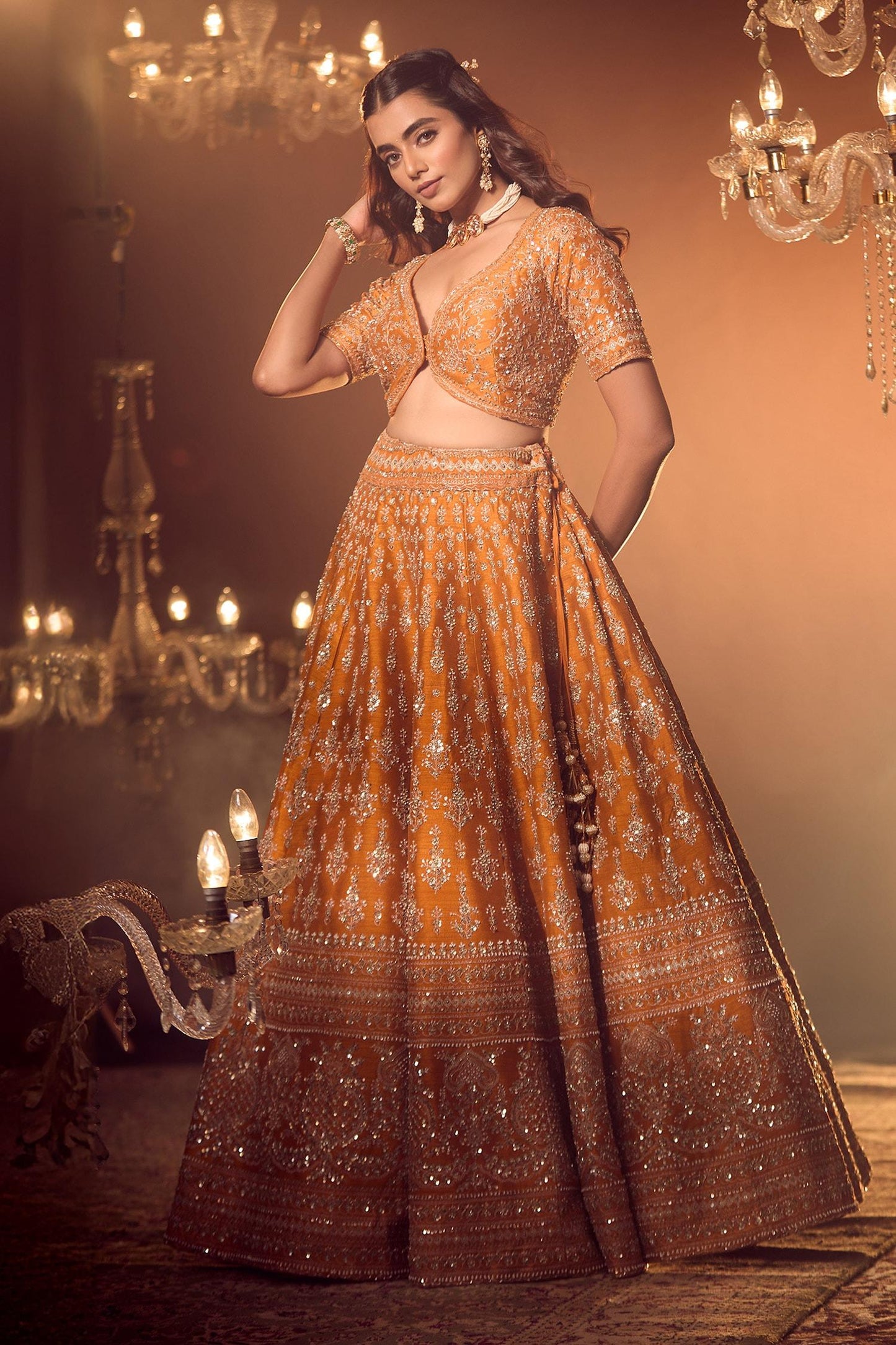 Orange Silk, Georgette Embroidery, Sequins, Floral Zardozi Bridal Lehenga Set - Designer Kurta Set