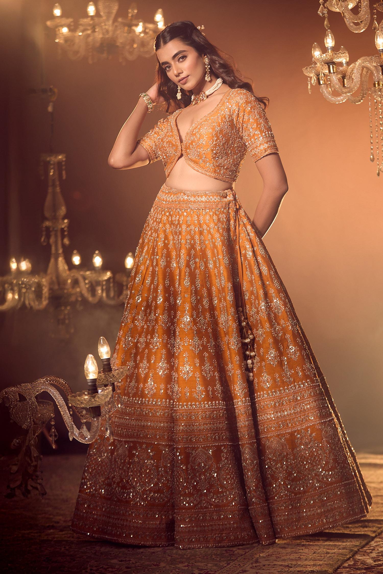 Orange Silk, Georgette Embroidery, Sequins, Floral Zardozi Bridal Lehenga Set - Designer Kurta Set