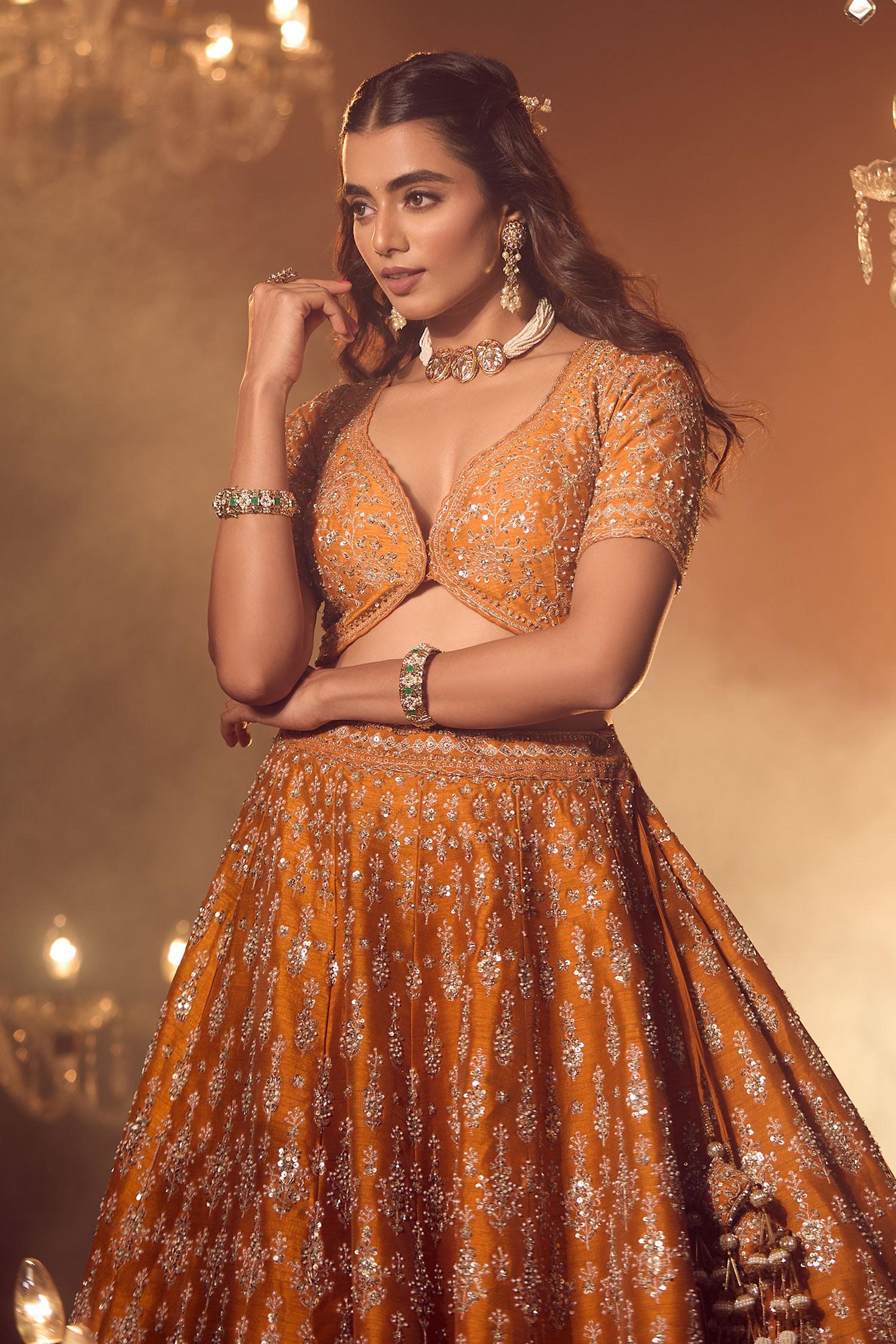 Orange Silk, Georgette Embroidery, Sequins, Floral Zardozi Bridal Lehenga Set - Designer Kurta Set