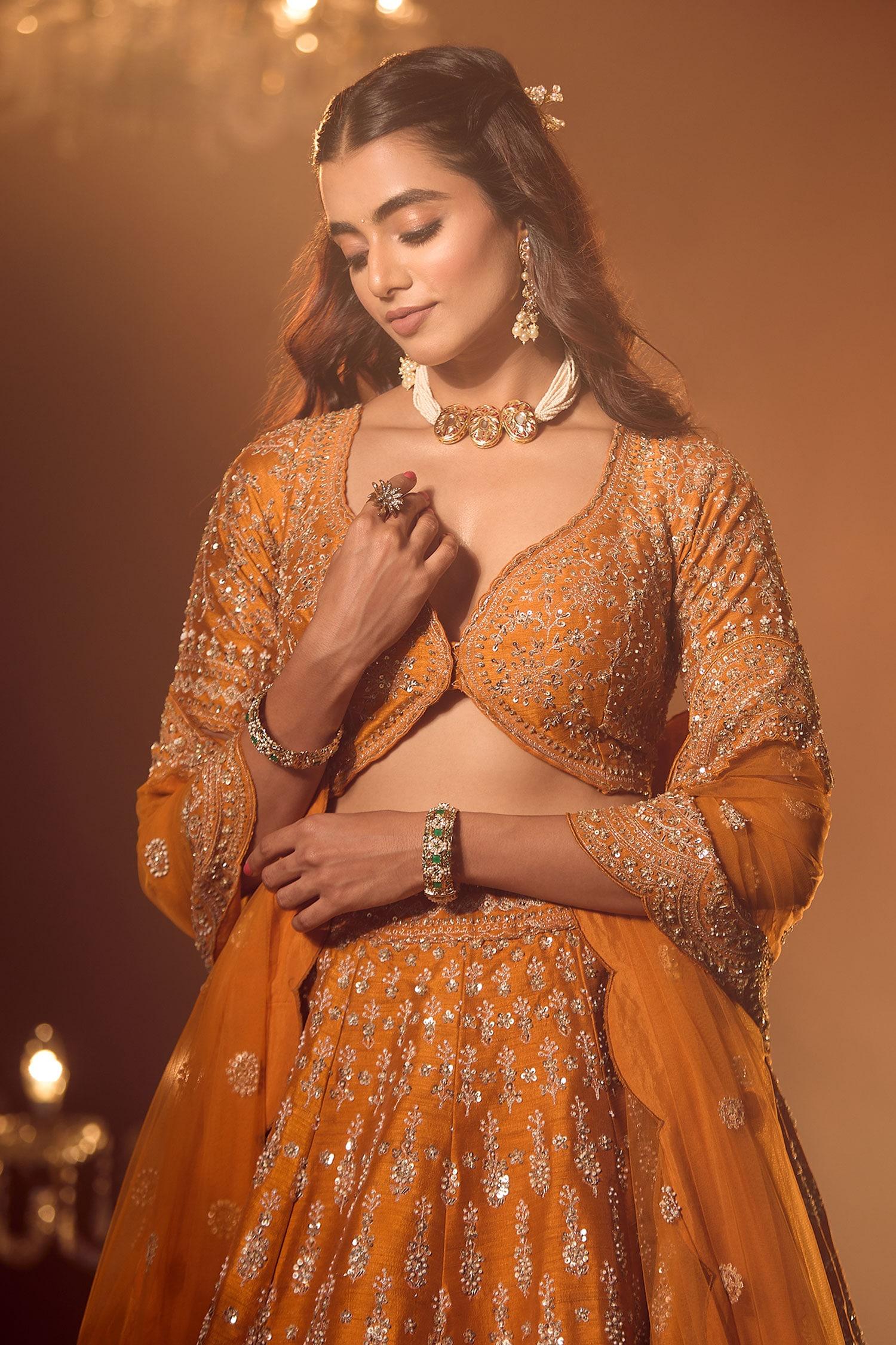 Orange Silk, Georgette Embroidery, Sequins, Floral Zardozi Bridal Lehenga Set - Designer Kurta Set