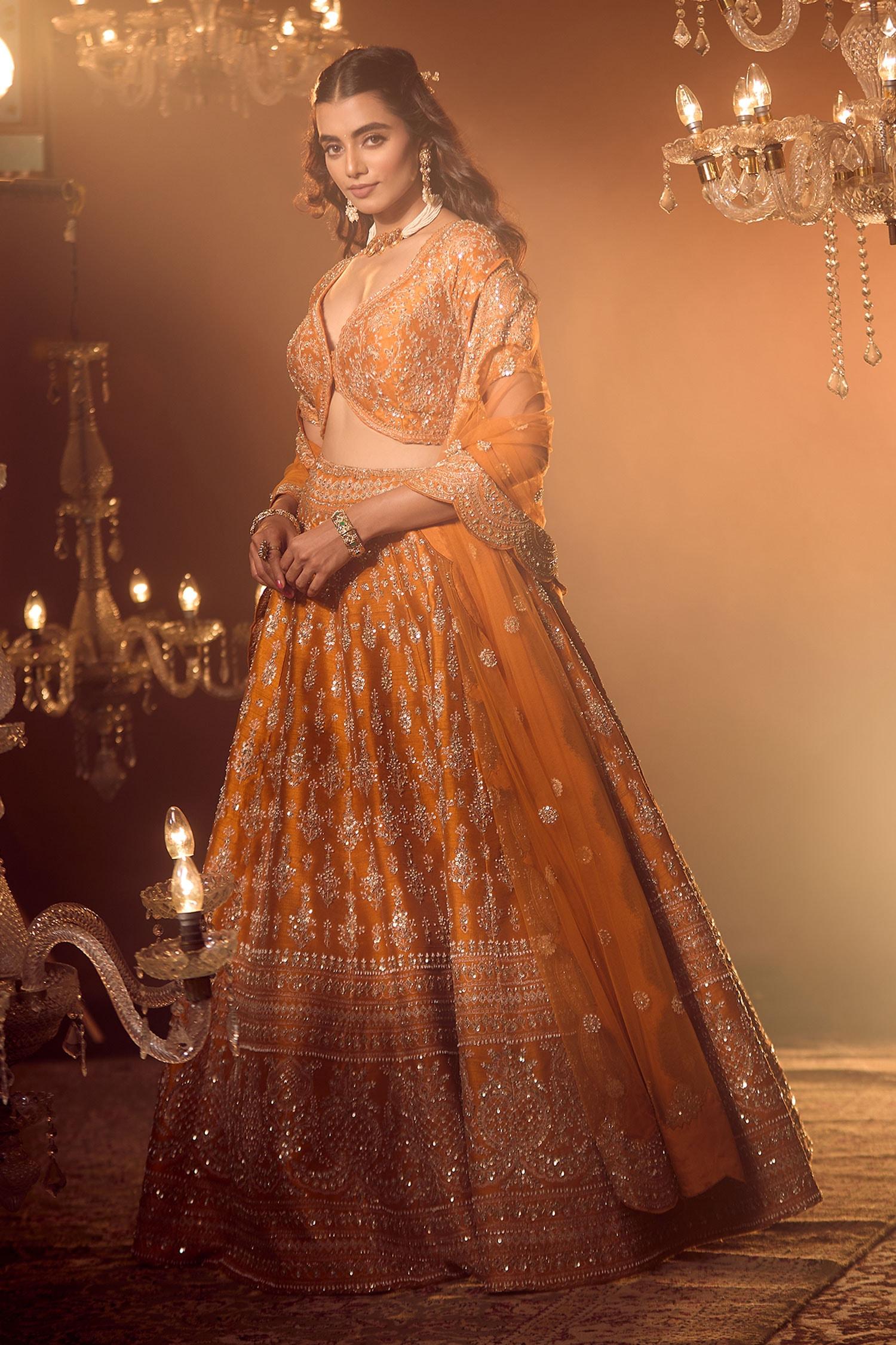 Orange Silk, Georgette Embroidery, Sequins, Floral Zardozi Bridal Lehenga Set - Designer Kurta Set